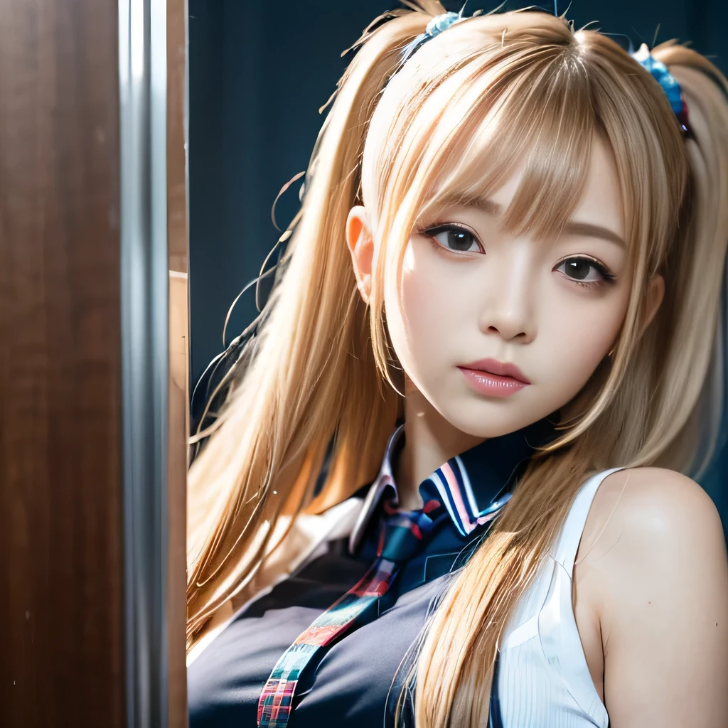 portrait、japanese school uniform、bright look、twin tails、young shiny glossy white shiny skin、best looks、blonde reflection、Platinum blonde hair with dazzling highlights、shiny bright hair,、super long straight hair、Shining beautiful bangs、Sparkling crystal clear charming big blue eyes、Very beautiful and lovely cute 10 year old girl、rich bust、White and beautiful blouse、With slit、((I could see the whole body))、beautiful face、The chest area of the clothes looks tight、Loosening perm、Pleated skirt with plenty of checked pleats、No bra、