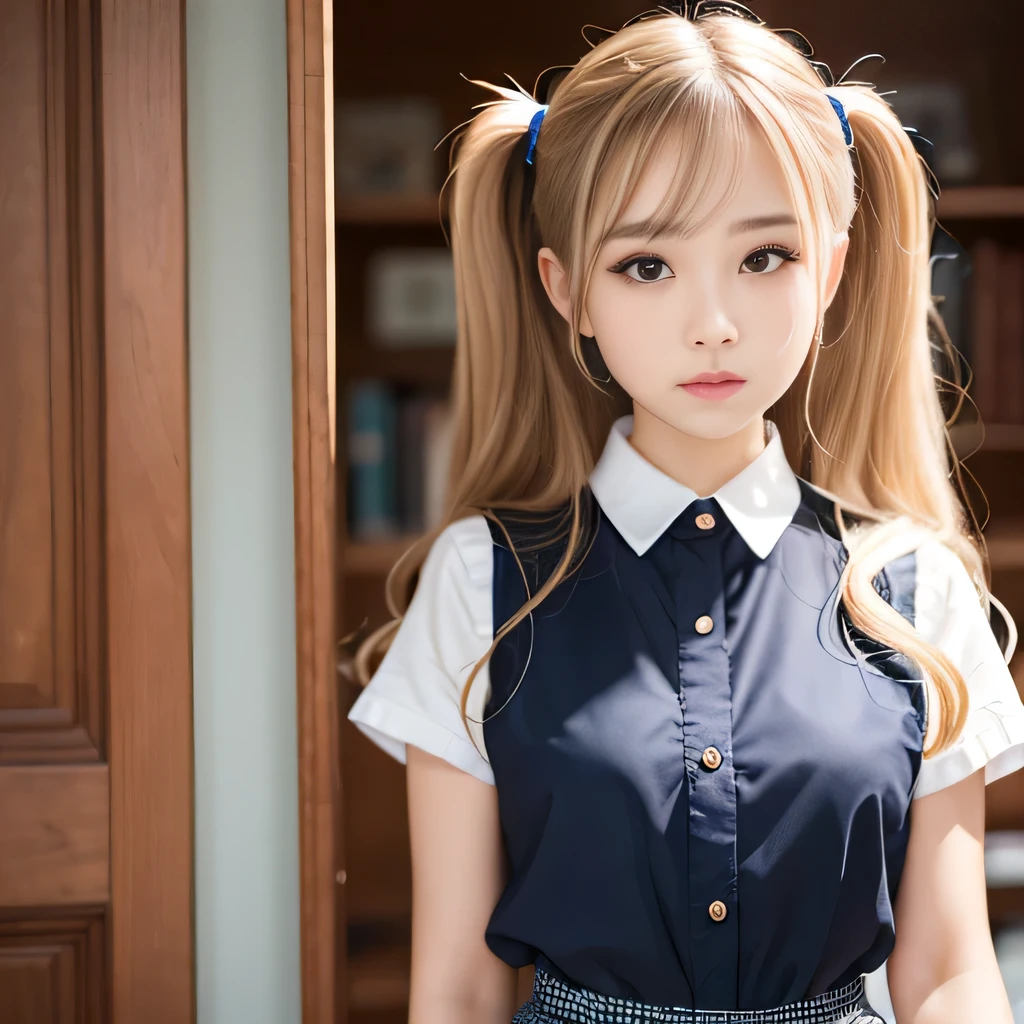 portrait、japanese school uniform、bright look、twin tails、young shiny glossy white shiny skin、best looks、blonde reflection、Platinum blonde hair with dazzling highlights、shiny bright hair,、super long straight hair、Shining beautiful bangs、Sparkling crystal clear charming big blue eyes、Very beautiful and lovely cute 12 year old girl、rich bust、White and beautiful blouse、With slit、((I could see the whole body))、beautiful face、The chest area of the clothes looks tight、Loosening perm、Pleated skirt with plenty of checked pleats、No bra、