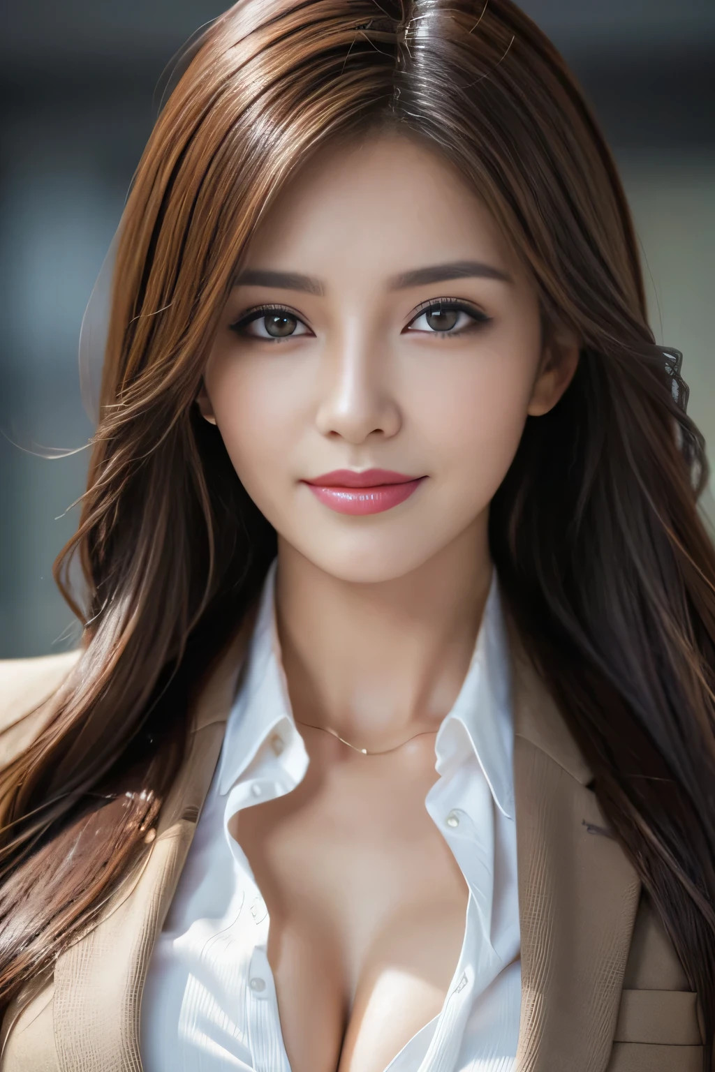 table top, highest quality, realistic, Super detailed, finely, High resolution, 8k wallpaper, 1 beautiful woman,, light brown messy hair, wearing a business suit, sharp focus, perfect dynamic composition, finelyて美しい目, thin hair, Detailed and realistic skin texture, smile, close-up portrait, model body shape