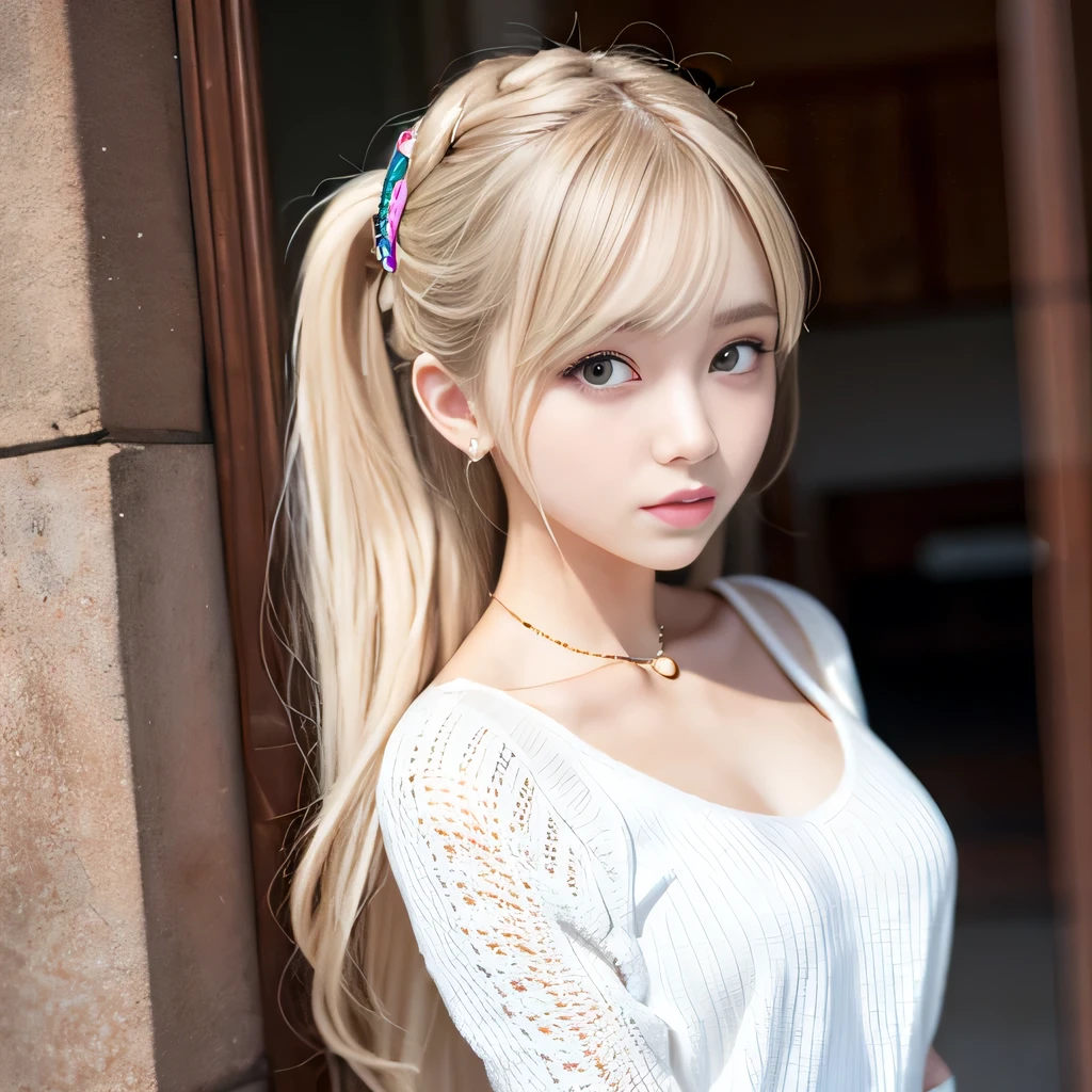 portrait、school uniform、bright look、twin tails、young shiny glossy white shiny skin、best looks、blonde reflection、Platinum blonde hair with dazzling highlights、shiny bright hair,、super long straight hair、Shining beautiful bangs、Sparkling crystal clear charming big blue eyes、Very beautiful and lovely cute 12 year old girl、rich bust、White and beautiful blouse、I can see the collarbone、((I could see the whole body))、beautiful face、The chest area of the clothes looks tight、Loosening perm、Pleated skirt with plenty of checked pleats、No bra、