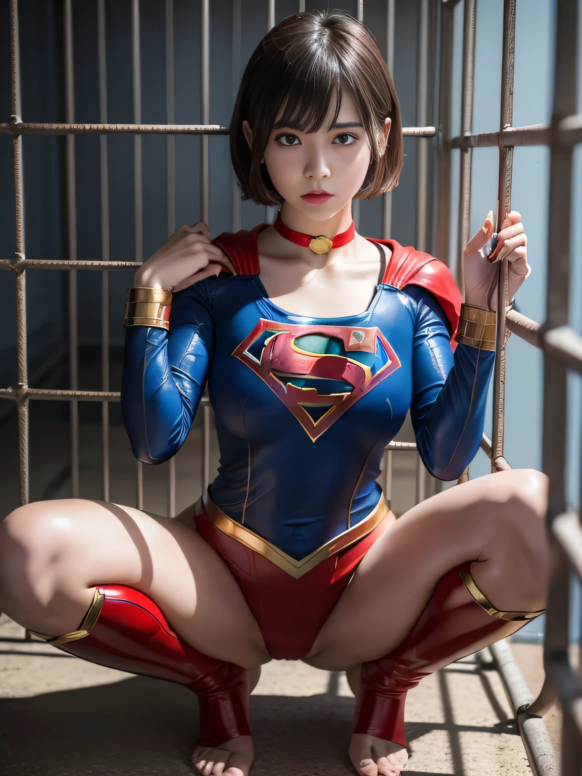 masterpiece、supergirl costume、short hair、barefoot、big and full breasts、Crisis situation、prison、in a cage、sense of abuse、Melon Jelly、spread your legs、handcuffs、shiny、looking at camera、Seduce、choker、long sleeve、red sexy pose、POW camps、humiliating