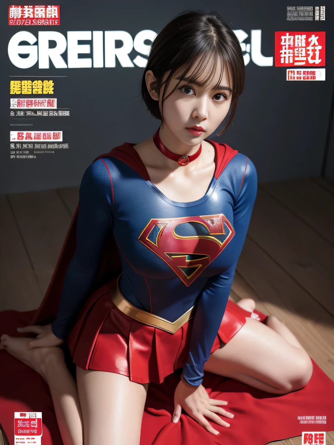 masterpiece、supergirl costume、short hair、barefoot、big and full breasts、Crisis situation、operating room、operating table、straddle、Sweat、shiny、look at the camera、provoke、Estrus、choker、Weekly magazine cover、long sleeve、red mini skirt、obscene pose、Seduce、