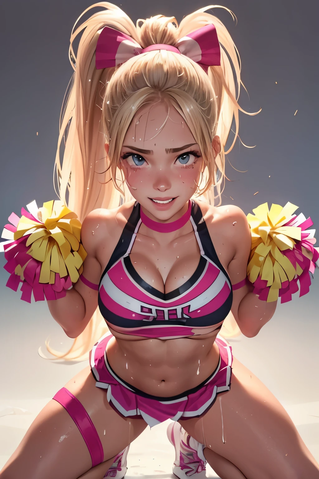 18 year old smiling cheerleader, gorgeous, fit body, skinny body, (beautiful breasts:1.2), (kneeling), horny, blonde hair, hair in a ponytail, (glossy pink lips), (torn shredded ripped cheerleading uniform:1.2), (detailed face and eyes), (sweaty:1.3), real anatomy, (best quality), (deep cleavage), (huge breasts), (under breasts).