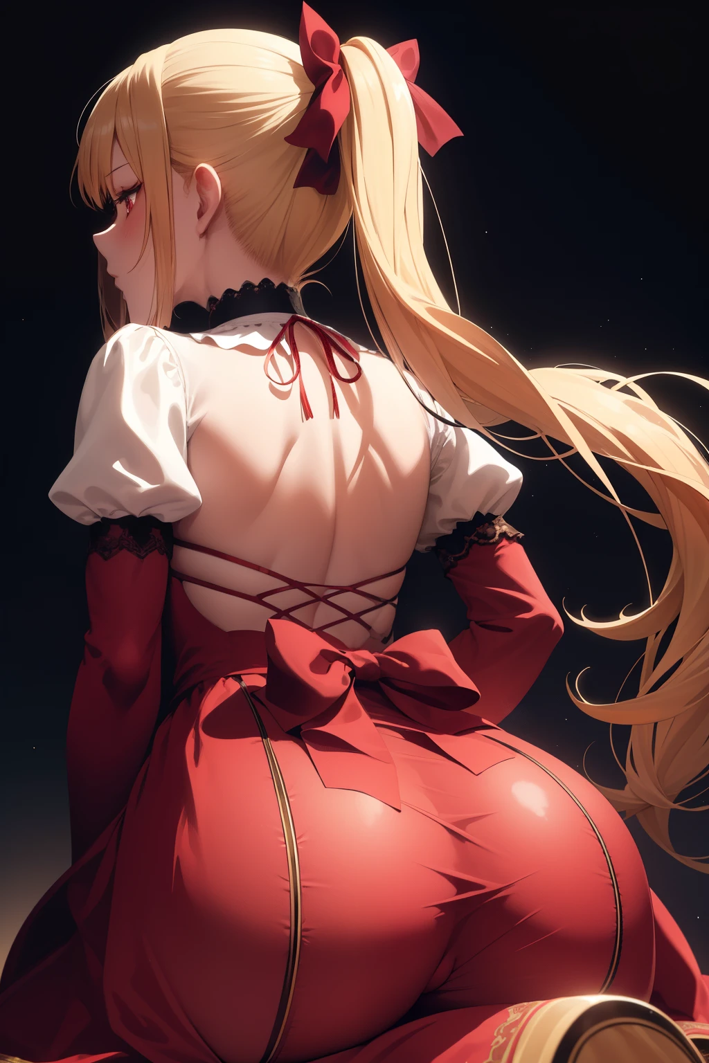 particles of light, soft lighting, volume lighting, intricate details, finely,

1 girl,

blonde hair, long hair, high ponytail,

red eyes, long eyelashes, thick eyelashes, looking at the viewer,

red dress, gorgeous dress, backless dress, plump sleeves, juliet sleeves, (long sleeve:1.2), red bow,

black background, simple background, from behind,vaginal ,nsfw,Penis