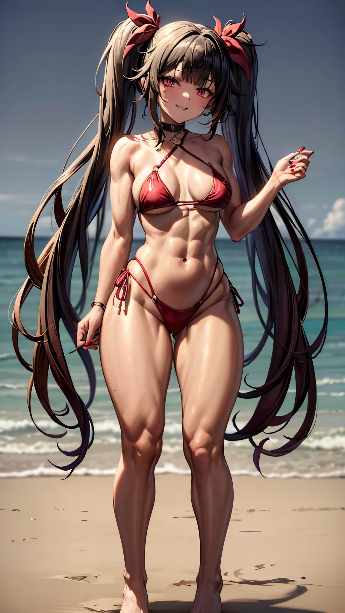 type: Digital Art
Style: Anime style Color: Predominantly red with black and white contrasts,
Eye color: bright crimson red, with luminous highlights.
Hair color Black with red highlights,
Hairstyle: Long with twintails, adorned with traditional red and gold hair ornaments, mischievous and playful smile with a touch of mischief))), sadistic, muscular legs, (((beach scene))), Standing, (photo by full body), well-groomed nails, red nails, {{{Wearing a very short and sexy bikini}}}, HDR