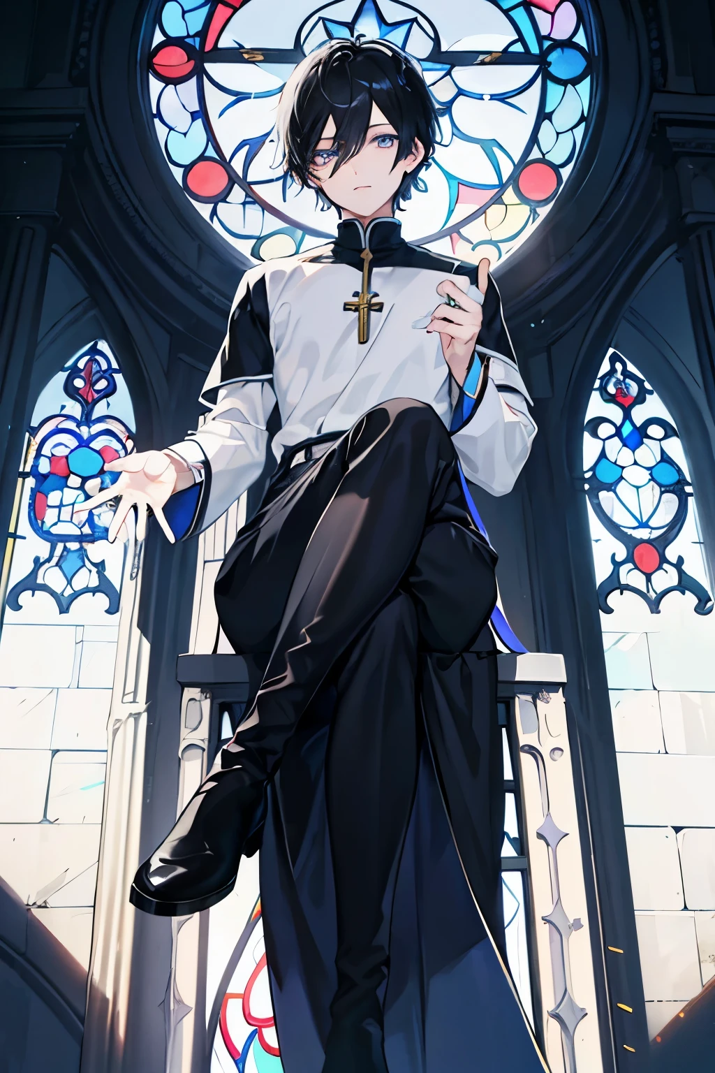 masterpiece, best quality, ultra-detailed illustration (((priest, young man,))) nsfw, tucking up the hem of his dress to show his crotch, small penis, erection, blush, expression of shame