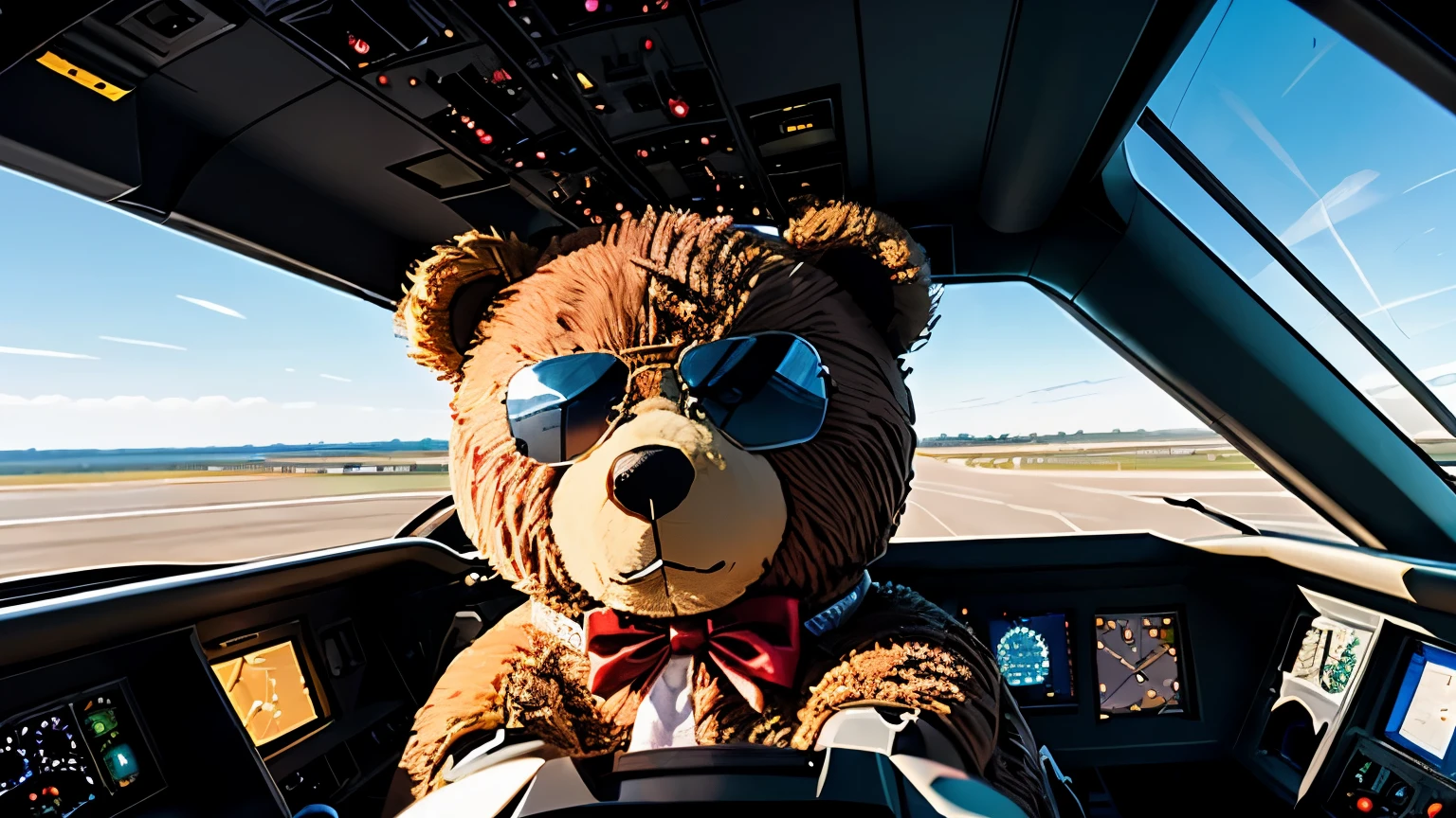 (a man-sized teddy bear:1.2), (piloting a jet aircraft:1.1), preparing for takeoff, high-pressure situation, push it to the limit, high energy, (view is looking into the cockpit:1.2), wearing aviator sunglasses, total boss bear, his fur is immaculate,