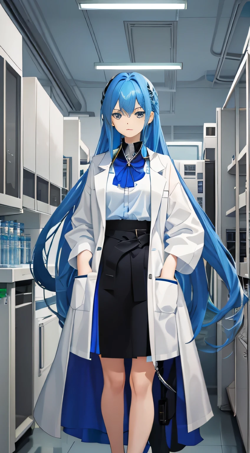 Masterpiece of exquisite craftsmanship, featuring a solitary girl with blue hair cascading down to her waist, her long eyes piercingly blue. She dons a white shirt, the fabric smoothly rendered, and a long lab coat, its black fabric elegantly draped over her figure. Thigh-highs peek out from underneath her black office skirt, adding a touch of playfulness to her serious demeanor. Standing with a bored expression, her hands are tucked comfortably into the pockets of her lab coat. The depth of field brings the laboratory setting to life, filled with beakers, test tubes, and scientific equipment, all rendered in high resolution and high definition. The scene unfolds