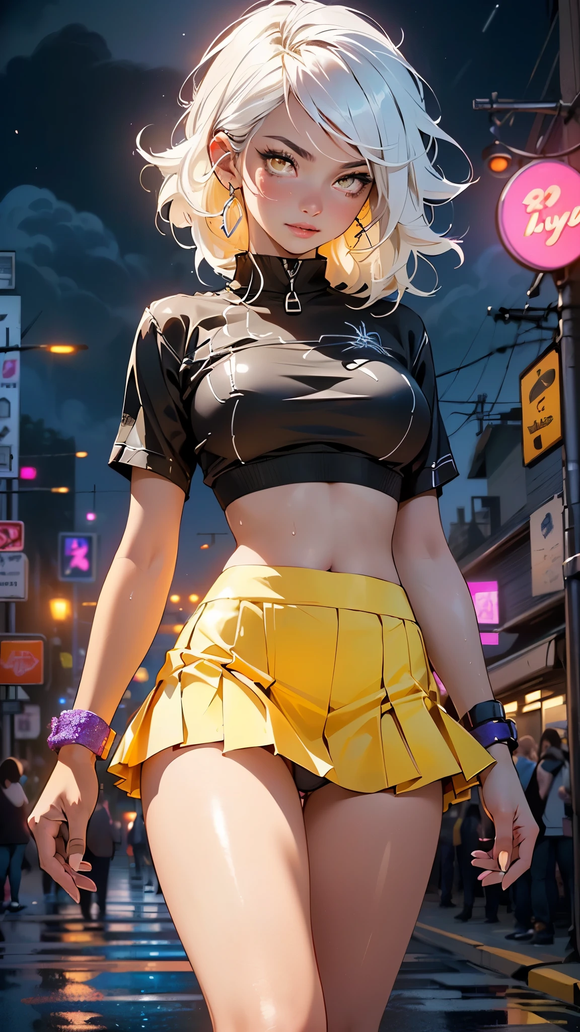 girl rave,(((1girl))),((girl with extremely cute and beautiful white hair)),dark skin,very dark skin,dark_skin,
(large breasts:1.4),saggy breasts,(((white hair:1.35,straight hair,long hair:1.4,colored inner hair,ear breathing))),(((light_yellow_eyes:1.3))),intricate eyes,beautiful detailed eyes,symmetrical eyes,big eyes:1.5,((fat)),((((black girl,black skin,dark-skinned_female,dark skin:1.3,ebony skin,lustrous skin:1.5,bright skin: 1.5,shiny skin,very shiny skin,shiny body,plastic glitter skin,exaggerated shiny skin,shiny skin like ebony,illuminated skin, wet legs))),(spider lower abdomen,narrow waist,wide hip,athletic body,inflated legs, thick thighs,detailed body,(detailed face)),
cute,slutty,seductive,erotic,((nsfw)),
zettai ryouiki,revealing clothing,show skin,((rave shirt with an yellow print,rave mini-skirt,visible thong straps)),((underpants strap)),(wearing a rave outfit:1.3,rave clothes,semi-naked,with little clothing),((wet clothes,intricate outfit,intricate clothes)),
(dynamic pose:1.0),solo focus,embarrassed,(centered,scale to fit dimensions,Rule of thirds),
cyberpunk city by the ocean at night, with bright neon signs and dark stormy clouds and puddles, scenery:1.25,nighttime, starry night, cosmos,Very dark night that makes the neon lights stand out, very bright neon lights,nighttime, starry night, cosmos,
artistic photography,(photography taken by sldr),highres, sharp focus,(ultra detailed, extremely detailed), (photorealistic artwork:1.37),(extremely detailed CG unity 8k wallpaper),((synthwave background theme)),(((vibrant colors))),intricate,(intricate background),(masterpiece),(best quality),perfect rendered face,perfect face details,realistic face,photo realistic,analog style,((intricate detail)),(((realism))),