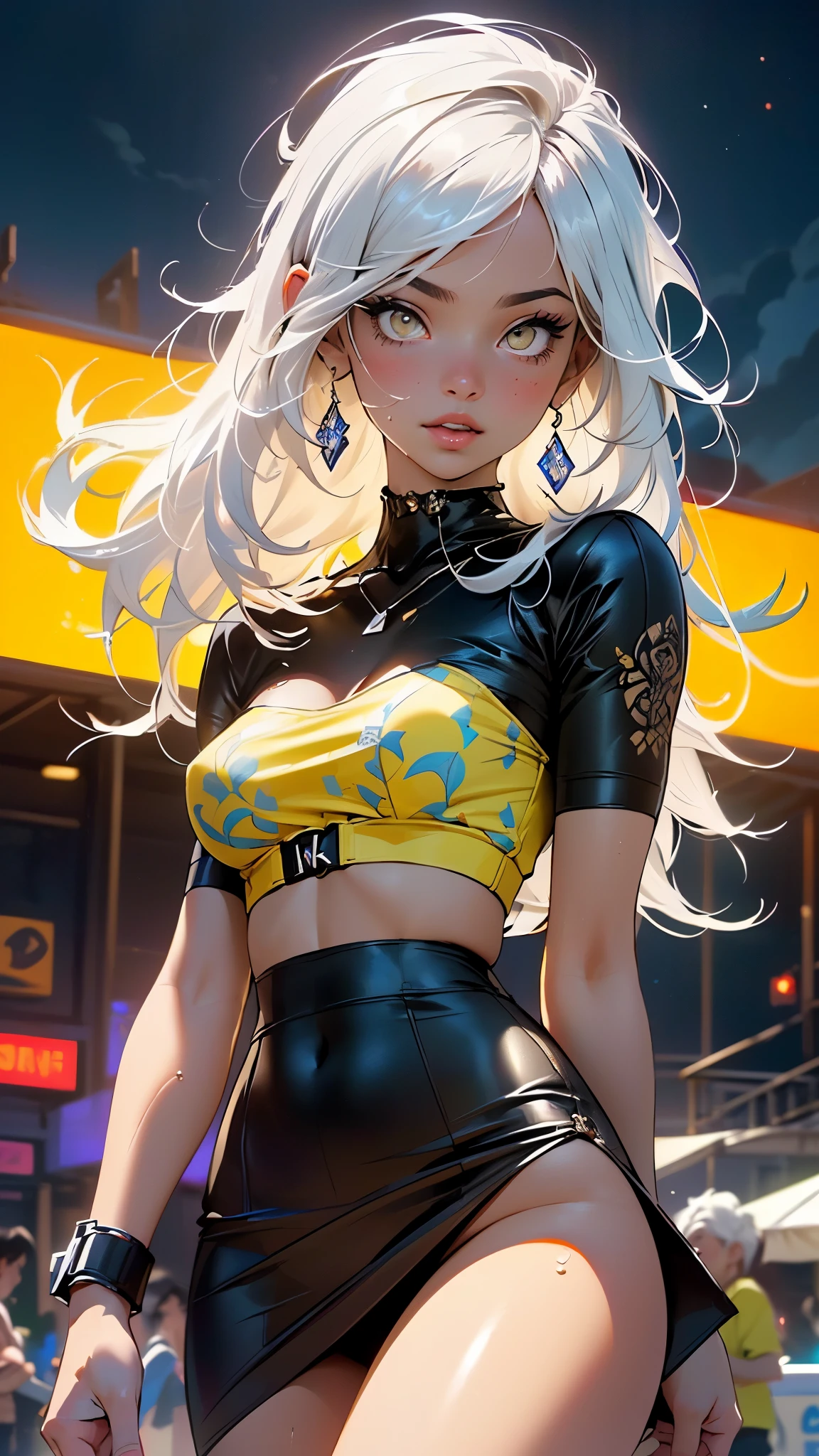 girl rave,(((1girl))),((girl with extremely cute and beautiful white hair)),dark skin,very dark skin,dark_skin,
(large breasts:1.4),saggy breasts,(((white hair:1.35,straight hair,long hair:1.4,colored inner hair,ear breathing))),(((light_yellow_eyes:1.3))),intricate eyes,beautiful detailed eyes,symmetrical eyes,big eyes:1.5,((fat)),((((black girl,black skin,dark-skinned_female,dark skin:1.3,ebony skin,lustrous skin:1.5,bright skin: 1.5,shiny skin,very shiny skin,shiny body,plastic glitter skin,exaggerated shiny skin,shiny skin like ebony,illuminated skin, wet legs))),(spider lower abdomen,narrow waist,wide hip,athletic body,inflated legs, thick thighs,detailed body,(detailed face)),
cute,slutty,seductive,??????,((nsfw)),
zettai ryouiki,revealing clothing,show skin,((rave shirt with an yellow print,rave mini-skirt,visible thong straps)),((underpants strap)),(wearing a rave outfit:1.3,rave clothes,semi-naked,with little clothing),((wet clothes,intricate outfit,intricate clothes)),
(dynamic pose:1.0),solo focus,embarrassed,(centered,scale to fit dimensions,Rule of thirds),
cyberpunk city by the ocean at night, with bright neon signs and dark stormy clouds and puddles, scenery:1.25,nighttime, starry night, cosmos,Very dark night that makes the neon lights stand out, very bright neon lights,nighttime, starry night, cosmos,
artistic photography,(photography taken by sldr),highres, sharp focus,(ultra detailed, extremely detailed), (photorealistic artwork:1.37),(extremely detailed CG unity 8k wallpaper),((synthwave background theme)),(((vibrant colors))),intricate,(intricate background),(masterpiece),(best quality),perfect rendered face,perfect face details,realistic face,photo realistic,analog style,((intricate detail)),(((realism))),