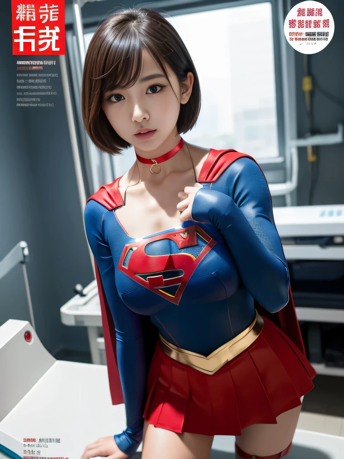 masterpiece、supergirl costume、short hair、barefoot、big and full breasts、test subject、operating room、operating table、Crisis situation、straddle、flowing sweat、shiny、look at the camera、provocation、Estrus、choker、Weekly magazine cover、long sleeve、red mini skirt、obscene pose、Seduce、humiliating