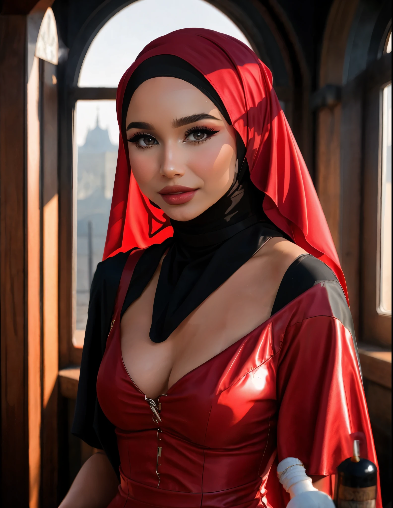 there is a woman in a red dress and a black head scarf, ariana grande as a sith, cosplay on black harley queen, olivia culpo as milady de winter, kim kardashian as harley quinn, nun fashion model, nun fashion model looking up, portrait shot, lady in red armor, as a medieval fantasy character, portrait of modern darna