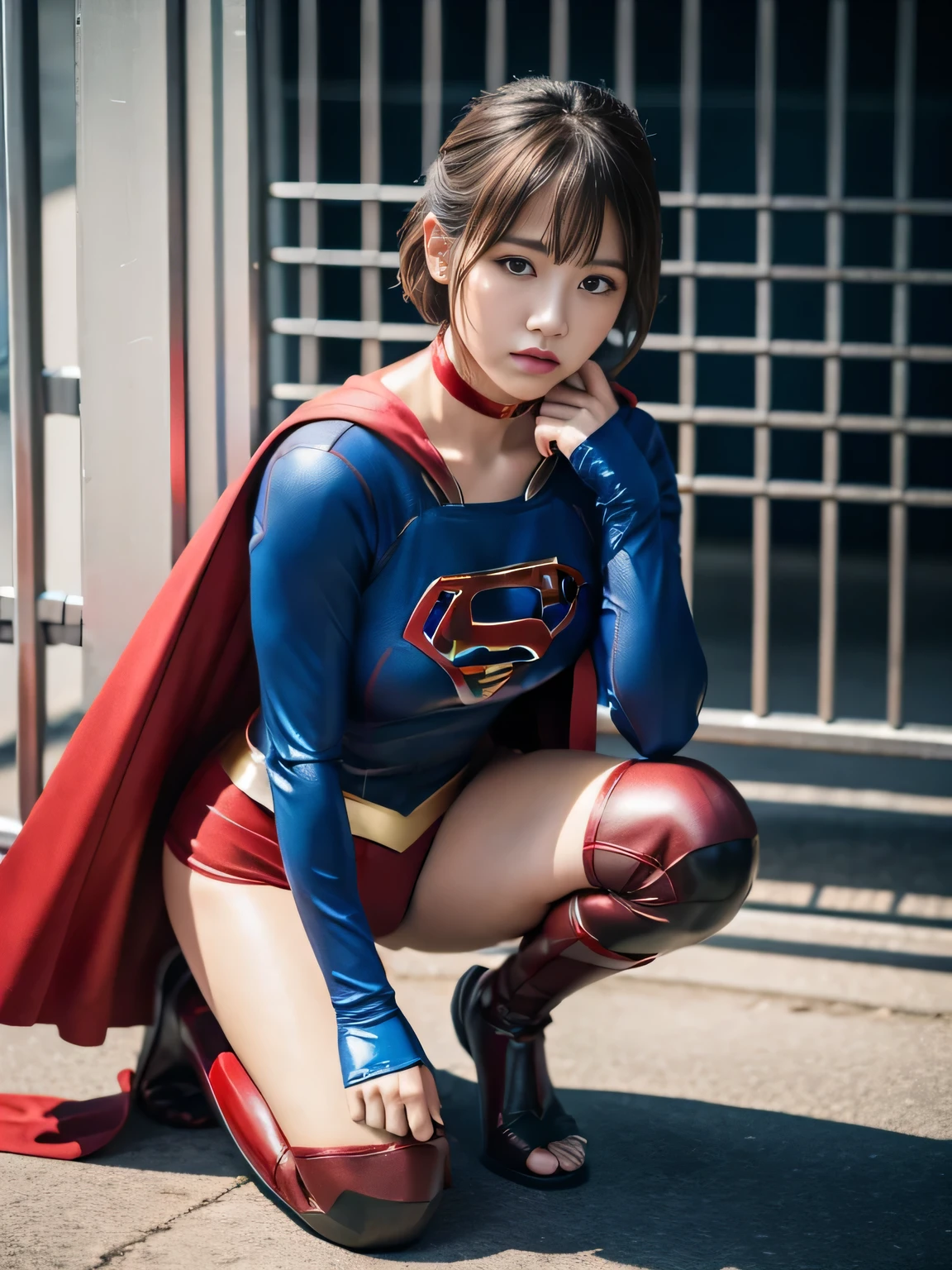 adorable, japanese girl, , (supergirl costume:1.2),shortcut、plump thighs, big breasts、Chirarism、thin belly、abs、smile、garter belt、Pose with movement、The background is a cityscape lined with skyscrapers、I can see the blue sky、(非常にget used to itな肌), (highest quality:1.0), (realistic:1.0), (8K, Raw photo:1.1), (8K非常にget used to itなCGユニットの壁紙), (highest quality), (best illustration), (best shadow), (get used to it: 1.4), 3D, HDR (high dynamic range), ray tracing, NVIDIA RTX, super resolution, Scattered under the surface, PBR texture, Post-processing, anisotropic filtering, Depth of written boundary, Best sharpness and sharpness, multilayer texture, Albedo and Highlight Mapping, surface shading, Accurate simulation of light-matter interactions, perfect proportions, octane rendering, 超realistic、Photographed with Canon EOS R5、50MM lens、f / 2.8,perfect body,(lie:1.3)