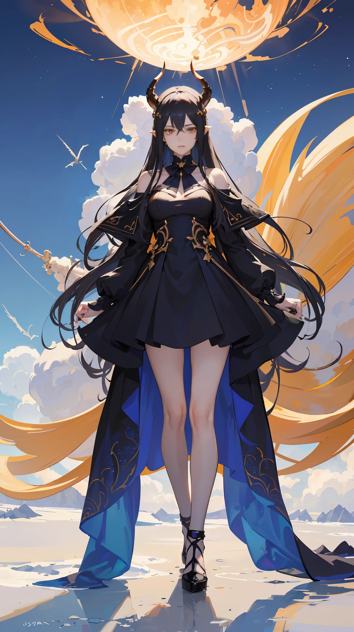 Seven Rhaeyar, Ancient Star goddess, Perfect female anatomy (Adult Female, 166cm in height, pale skin, slim, slender, 34D breast size, Dark Orange Eyes with beautiful details, Long Straight Black Hair, Beauty Mark Mole on right cheek bone, a set of black horns on her head), Neutral facial expression, Elegant white dress with black bow tie, blue coat knee length, dragon motifs, gold and rope accessories, View of the open blue sky with only clouds, receiving light from the front, Ethereal glow