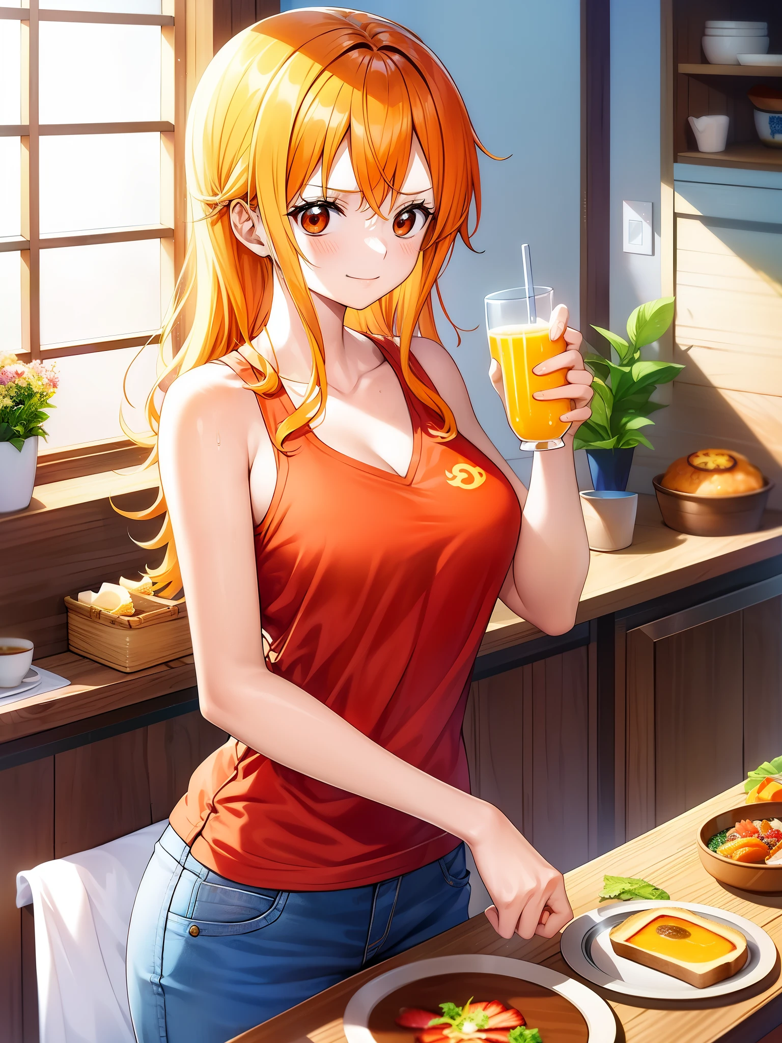 morning of new adventure、ONE PIECEの航海士であるナミが、Enjoying breakfast in casual clothes。She is wearing a bright orange shirt and denim shorts.、Adventure Day々He looks full of energy in preparation for。

on the kitchen table、A delicious looking breakfast prepared by Nami is spread out.。An assortment of simple yet healthy dishes、Toasted toast served with fresh fruit、Butter and honey add exquisite flavor。her eyes、The deliciousness of the breakfast shines as much as the excitement of the adventure.。

On the side、There is a glass with a glass of orange juice poured into it。that clear liquid、Shining brightly in the light of the morning sun、It symbolizes the energetic morning energy.。Nami while holding the juice、Take a refreshing sip、smiles with satisfaction。

The morning sun shining through the window、Make Nami&#39;s hair sparkle、Makes you look forward to an adventure route。What does her casual breakfast look like?、It represents Nami&#39;s attitude of valuing relaxation and delicious food even in between adventures.。