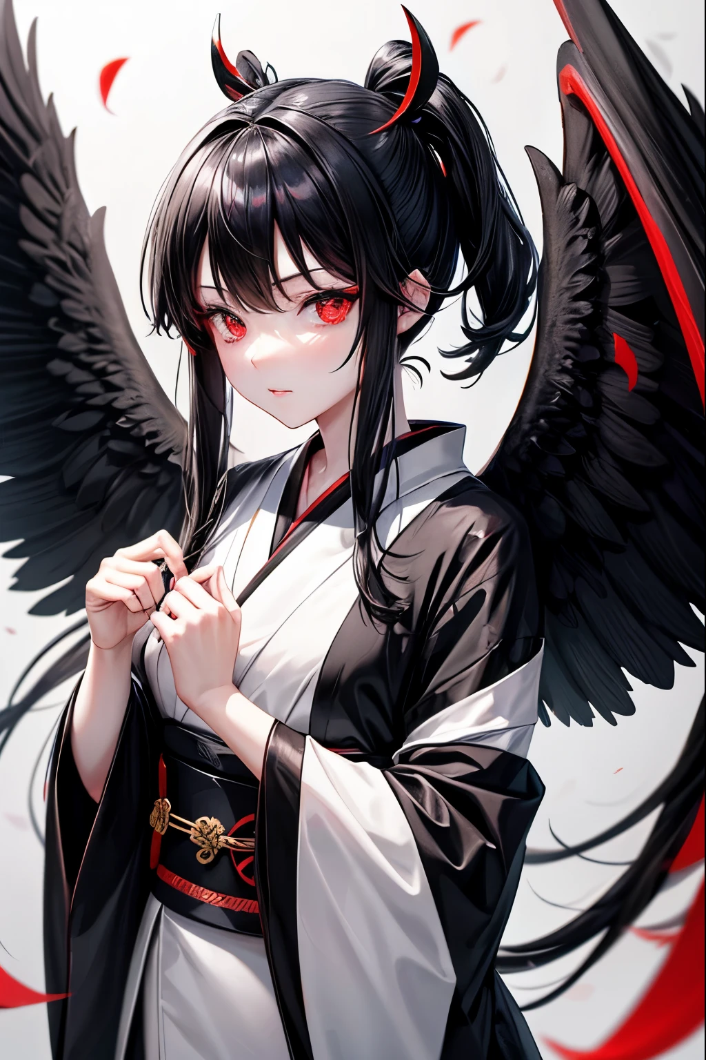 Black and white kimono, red eyes, long black side ponytail, adult female, black angel wings, pale skin