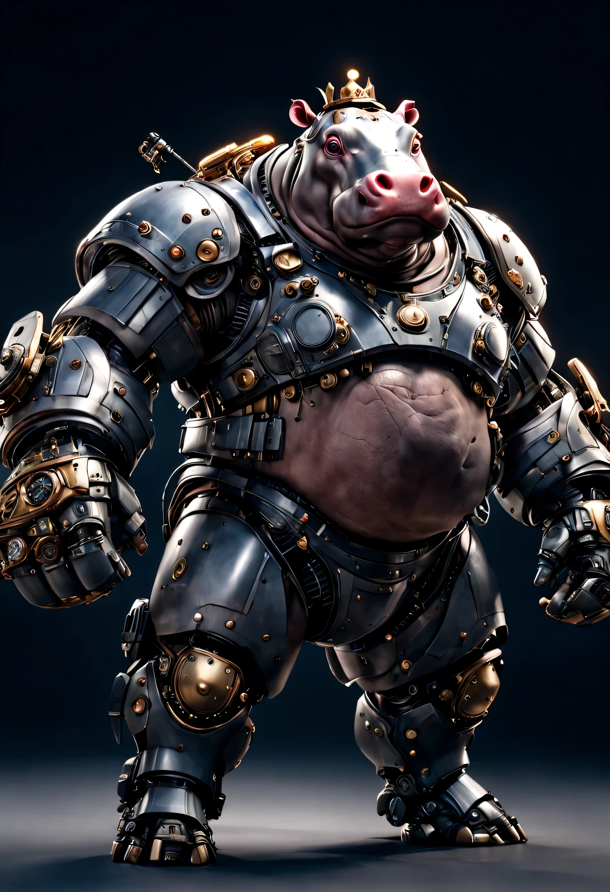 photorealistic portrait of Dressed animals - a ((fat)) hippo robotic warrior,(brave pose), high quality,(lovely) ,intricate detailed giant mechanical arms, highly detailed ((mechanical armor) ,,highly detailed decorations, , (brave), studio lighting,(full body image from head to toe:1.5)
