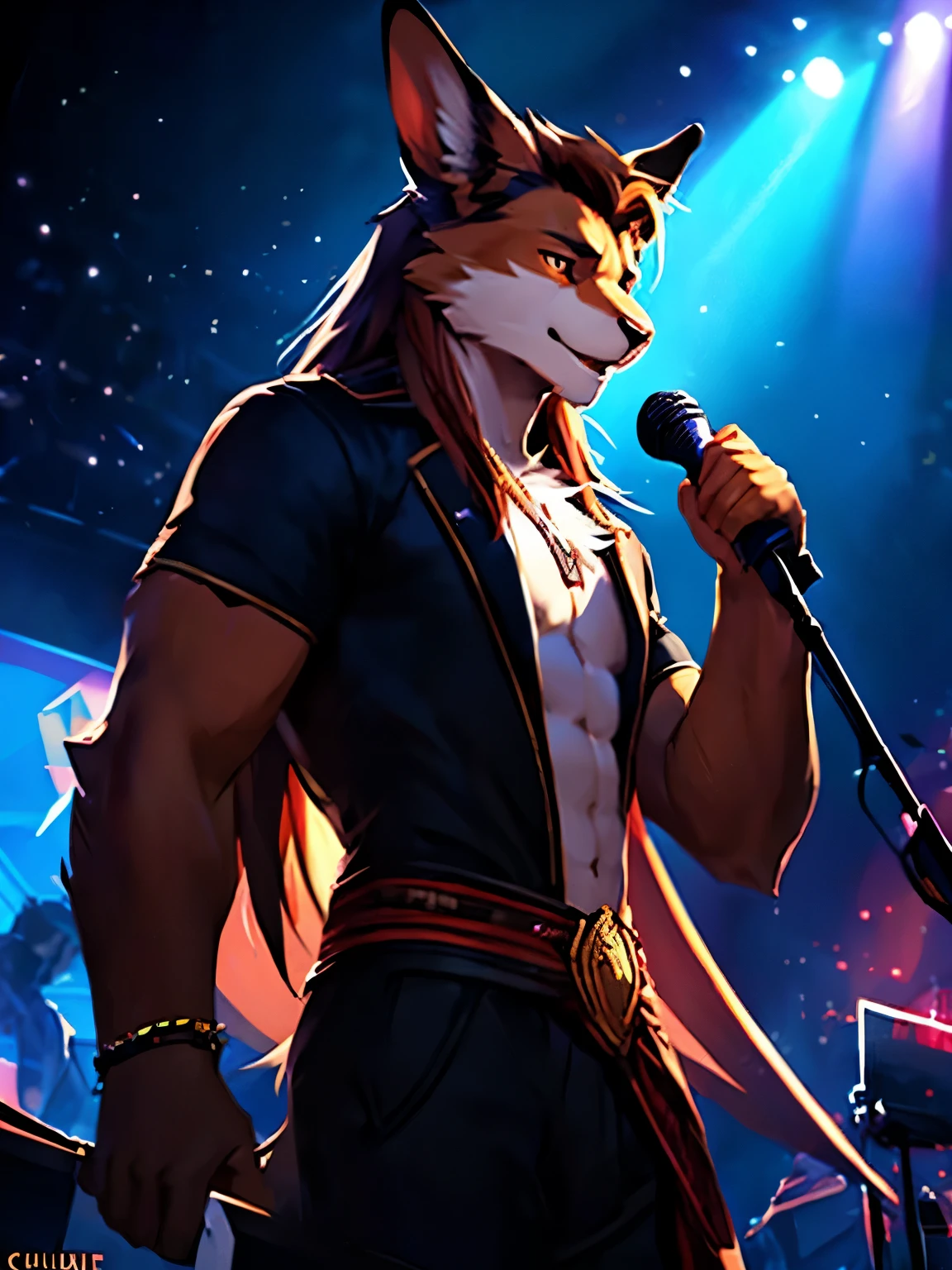 4k, high resolution, best quality, perfect colors, perfect shadows, perfect lighting, posted on e621, (by Chunie, by canyne khai, by t.y.starale), male, furry, Rabbit anthro, orange eyes, (Realistic eye details 1.2), KPop wear, slim body, Long hair, onstage, Singing in front of an audience, vigorously, best performance, full of emotion, spotlights, hold the mic, Perfect centralization, delight, Standing position, Abstract beauty, centre, Looking at the audience, Facing the audience, soft lighting, highly detail, nearing perfection, Dynamic, highly detailed, Liso, sharp focus, 8K, A high resolution, illustration, fit body, perfect male figure, Detailed fur, Detailed face, Perfect face, Detailed background, (Complex), (Super Detail), (Ultra Clear), (Best Quality)