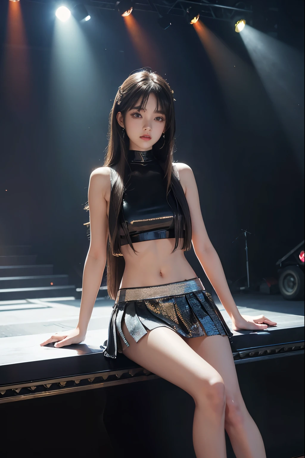 Long straight hair, Hair bang, hair pin, ideal tits, sparkling shining cropped top sleeveless, abs stomach, short skirt, legs, sitting, low view, (stage background), vibrant colours, studio lights, gentle lights, dim light, 3D animation