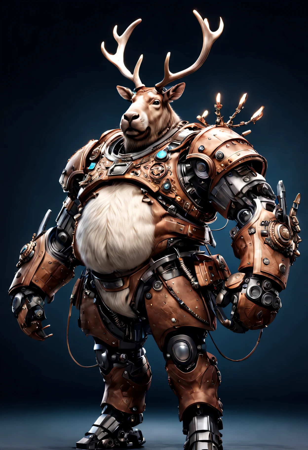 photorealistic portrait of Dressed animals - a ((fat)) reindeer robotic warrior,(brave pose), high quality,(lovely) ,intricate detailed giant mechanical arms, highly detailed ((mechanical armor) ,,highly detailed decorations, , (brave), studio lighting,(full body image from head to toe:1.5)