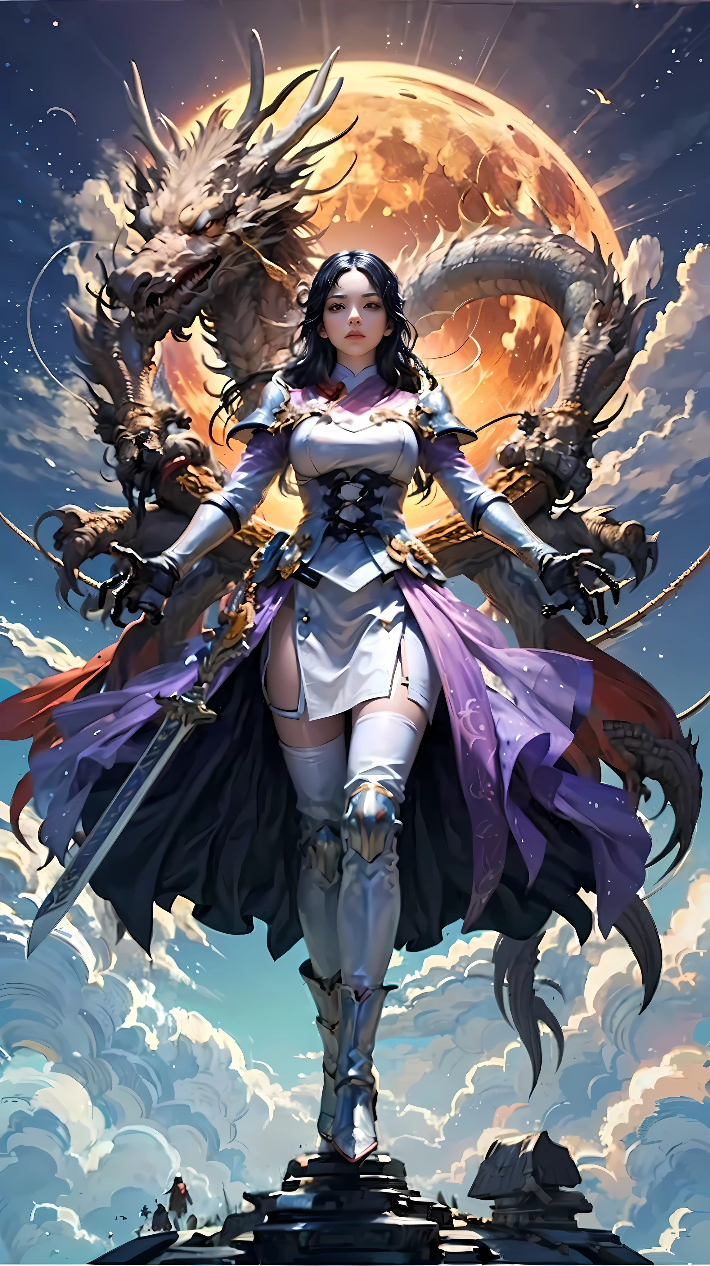 White dragon anthropomorphic female, dressed in armor, Color the night with the full moon above the clouds. Equip a great sword, She shines with a fantastic ball of light. her long black hair flowing behind her。, strong phosphorus々new, soar in the sky. God-like new stands opposite, A fierce battle ensues between these two terrifying figures..