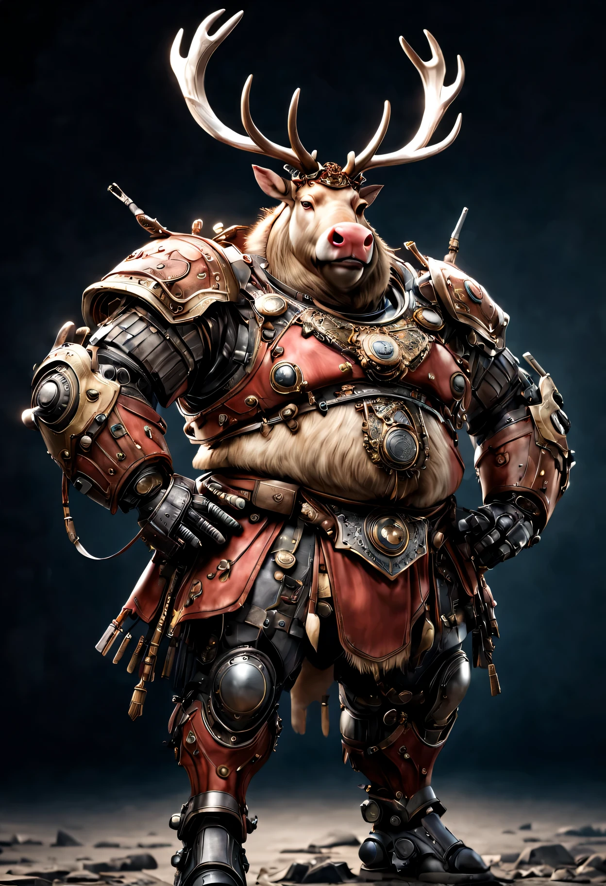 photorealistic portrait of Dressed animals - a ((fat)) reindeer  warrior,(brave pose), high quality,(lovely) ,intricate detailed giant mechanical arms, highly detailed ((mechanical armor) ,,highly detailed decorations, , (brave), studio lighting,(full body image from head to toe:1.5)
