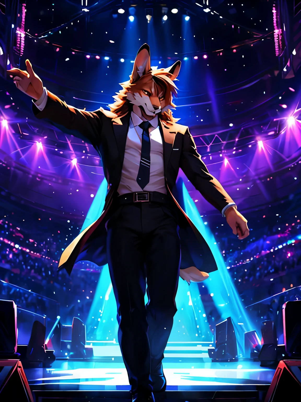 4k, high resolution, best quality, perfect colors, perfect shadows, perfect lighting, posted on e621, (by Chunie, by canyne khai, by t.y.starale), male, furry, Rabbit anthro, orange eyes, (Realistic eye details 1.2), KPop wear, slim body, Long hair, onstage, Singing in front of an audience, vigorously, best performance, full of emotion, spotlights, hold the mic, Perfect centralization, delight, Standing position, Abstract beauty, centre, Looking at the audience, Facing the audience, soft lighting, highly detail, nearing perfection, Dynamic, highly detailed, Liso, sharp focus, 8K, A high resolution, illustration, fit body, perfect male figure, Detailed fur, Detailed face, Perfect face, Detailed background, (Complex), (Super Detail), (Ultra Clear), (Best Quality)