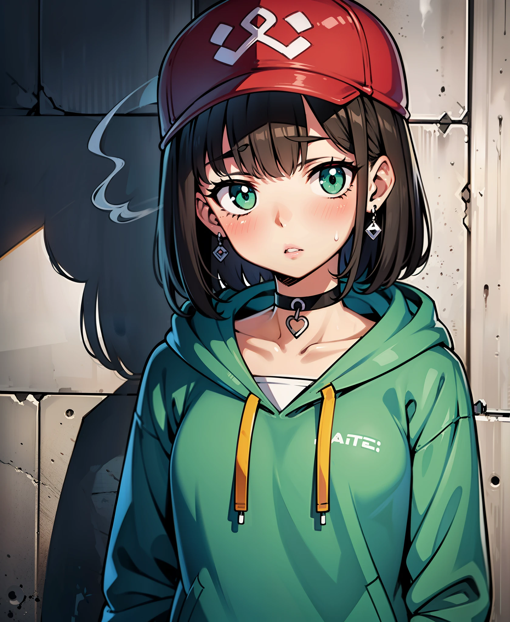 Graffiti, 1girl, solo, hood, leaf, hoodie, jewelry, hat, earrings, black hair, cigarette, hood down, medium hair, upper body, baseball cap, looking at viewer, green eyes, drawstring, green headwear, choker, smoking, green hoodie