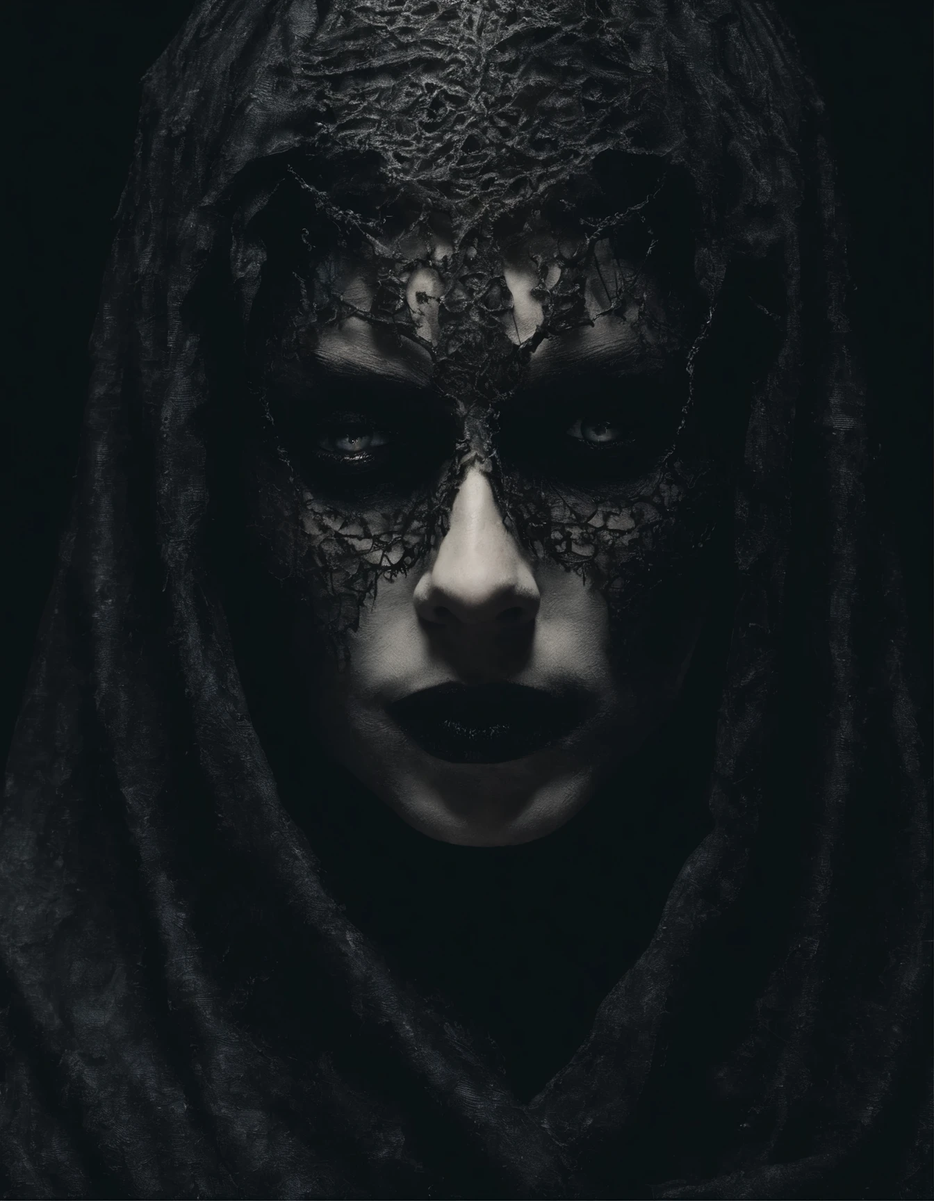 Mysterious person looking in front of the camera., fondo siniestro, oscuro, What I highlighted, texturas 4k, realista,