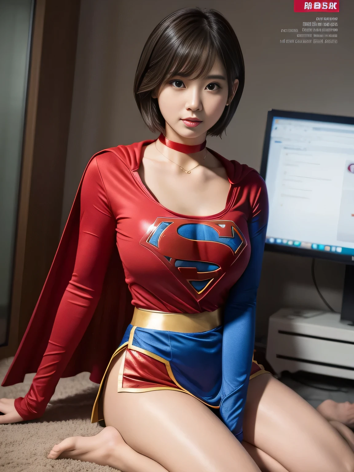 masterpiece、supergirl costume、short hair、barefoot, big and full breasts、test subject、operating room、operating table、straddle、sweating、shiny、look at the camera、provocation、Estrus、choker、Weekly magazine cover、long sleeve、red mini skirt、obscene pose、Seduce、humiliating