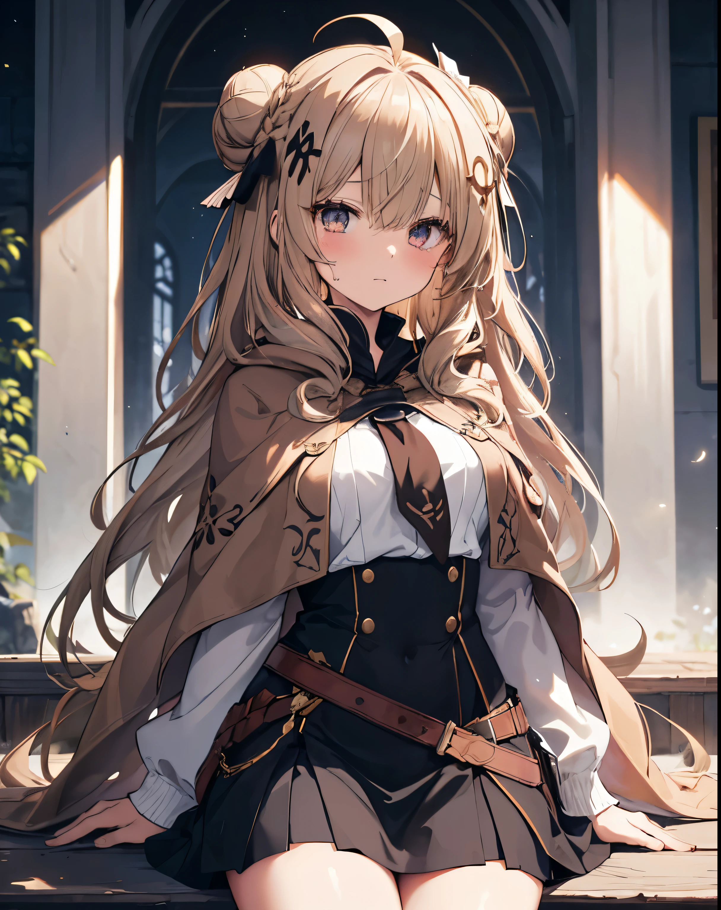 masterpiece,1girl, sparrow, a light brown haired girl, wearing a priestess uniform, curly long hair, messy hair, black skirt, slim body, wearing brown capelet with white hoody, medium breasts, she close her left eye, shirt ornament, lolippai, sad expression, beautiful breasts, rounded breasts, crimson eyes, dress, miniskirt, sit at forest, ahoge, she wearing her hoody, craven faces, tears, hair bun
