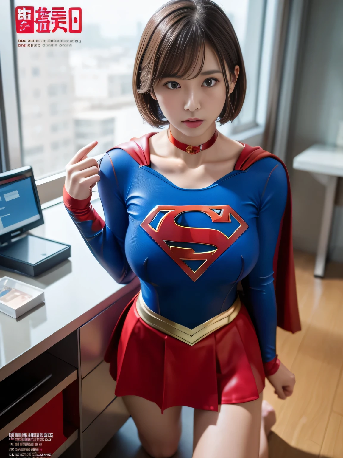 masterpiece、supergirl costume、short hair、barefoot、big and full breasts、test subject、operating room、operating table、Crisis situation、straddle、flowing sweat、shiny、look at the camera、provocation、Estrus、choker、Weekly magazine cover、long sleeve、red mini skirt、obscene pose、Seduce、humiliating