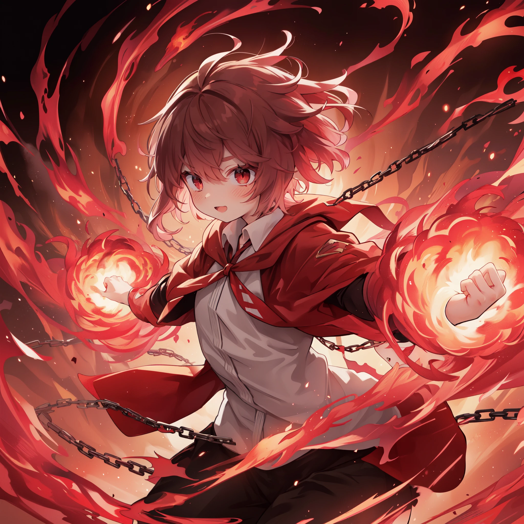 anime, anime girl, redhead,Right fist、correct hand、smile、 red glowing eyes, red jacket, Dynamic full-body illustration of a girl with short twintails, now propelled forward by the force of scarlet flames emanating from behind her, instead of chains. The scarlet flames, vibrant and intense, illustrate her magical powers and serve as a physical propulsion mechanism. Her fists are enveloped in the essence of these scarlet flames, suggesting the source of her power. This scene embodies a shift from controlled chaos to a more intense and dynamic energy, with swirling,, badass anime 8 k, anime wallpaper 4k, anime wallpaper 4 k, 4k anime wallpaper, 4k manga wallpaper, anime art wallpaper 8 k, anime art wallpaper 4 k, anime art wallpaper 4k