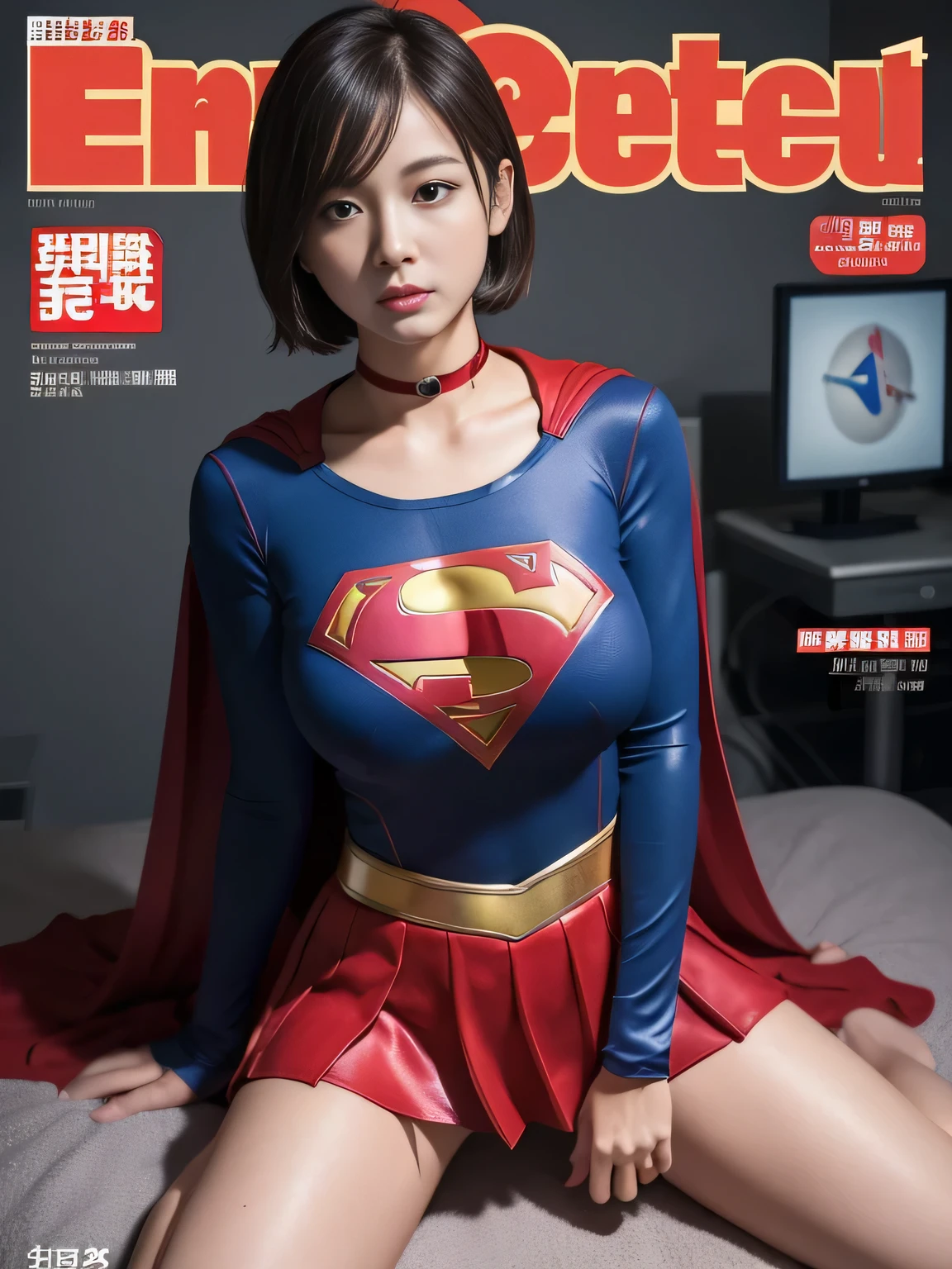 masterpiece、supergirl costume、short hair、barefoot、big and full breasts、Crisis situation、operating room、operating table、straddle、Sweat、shiny、look at the camera、provoke、Estrus、choker、Weekly magazine cover、long sleeve、red mini skirt、obscene pose、Seduce、