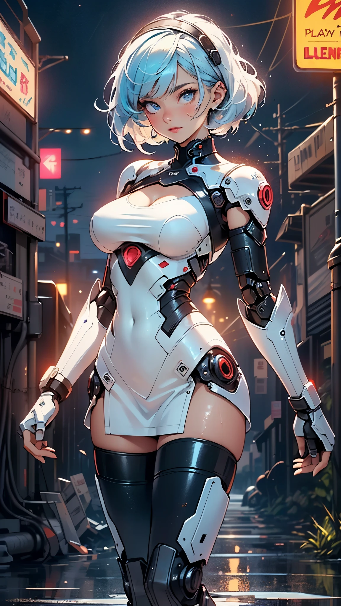 (cyborg girl),(cyborg girl:1.5),maid android,((1girl)),((mechanical robot girl with extremely cute and beautiful pale blue hair)),

(large breasts:1.4),saggy breasts,(((pale blue bob hair:1.35,colored inner hair,short hair,ear breathing))),(((doll))),((pale white skin,doll joints:1.5,mechanical hands:1.5)),((silver armored dress,tesla coilaid mechanical doll:1.5,body of a machine:1.5,metallic skin,ball joint,cyborg:1.5, robotic parts:1.5,robot:1.5,mechanical joints: 1.4,mechanical limbs)),(((pale_blue_eyes:1.3))),intricate eyes,beautiful detailed eyes,symmetrical eyes,((fat)),(((lustrous skin:1.5,bright skin: 1.5,shiny skin,very shiny skin,shiny body,plastic glitter skin,exaggerated shiny skin,illuminated skin,wet legs))),(spider lower abdomen,narrow waist,wide hip,detailed body,(detailed face)),

cute,slutty,seductive,erotic,((nsfw)),

(maid headdress),bare_shoulders,delicate metal decorations,Headdresaid),sleeveless,miniskirt,boots,cleavage_cutout,bare_legs,((wet clothes,intricate outfit,intricate clothes,intricate details)),

(dynamic pose:1.0),embarrassed,(centered,scale to fit dimensions,Rule of thirds),

cyberpunk city by the ocean at night, with bright neon signs and dark stormy clouds and puddles, scenery:1.25,nighttime, starry night, cosmos,Very dark night that makes the neon lights stand out, very bright neon lights,nighttime, starry night, cosmos,,

artistic photography,(photography taken by sldr),highres, sharp focus,(ultra detailed, extremely detailed), (photorealistic artwork:1.37),(extremely detailed CG unity 8k wallpaper),((synthwave background theme)),(((vibrant colors))),intricate,(intricate background),(masterpiece),(best quality),perfect rendered face,perfect face details,realistic face,photo realistic,analog style,((intricate detail)),(((realism))),
