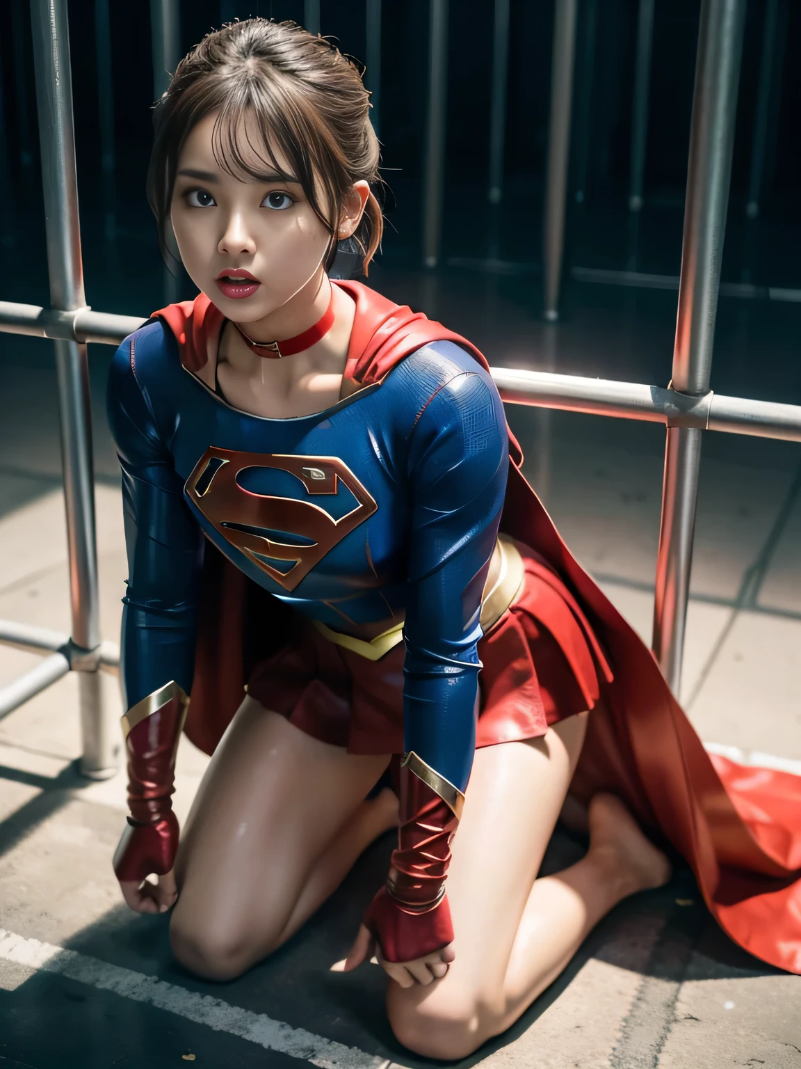 masterpiece、supergirl costume、short hair、barefoot、Big and full breast station、Crisis situation、prison、in a cage、insult、kneel down、sweaty、shiny、looking at camera、Seduce、choker、long sleeve、red sexy pose、POW camps、humiliating