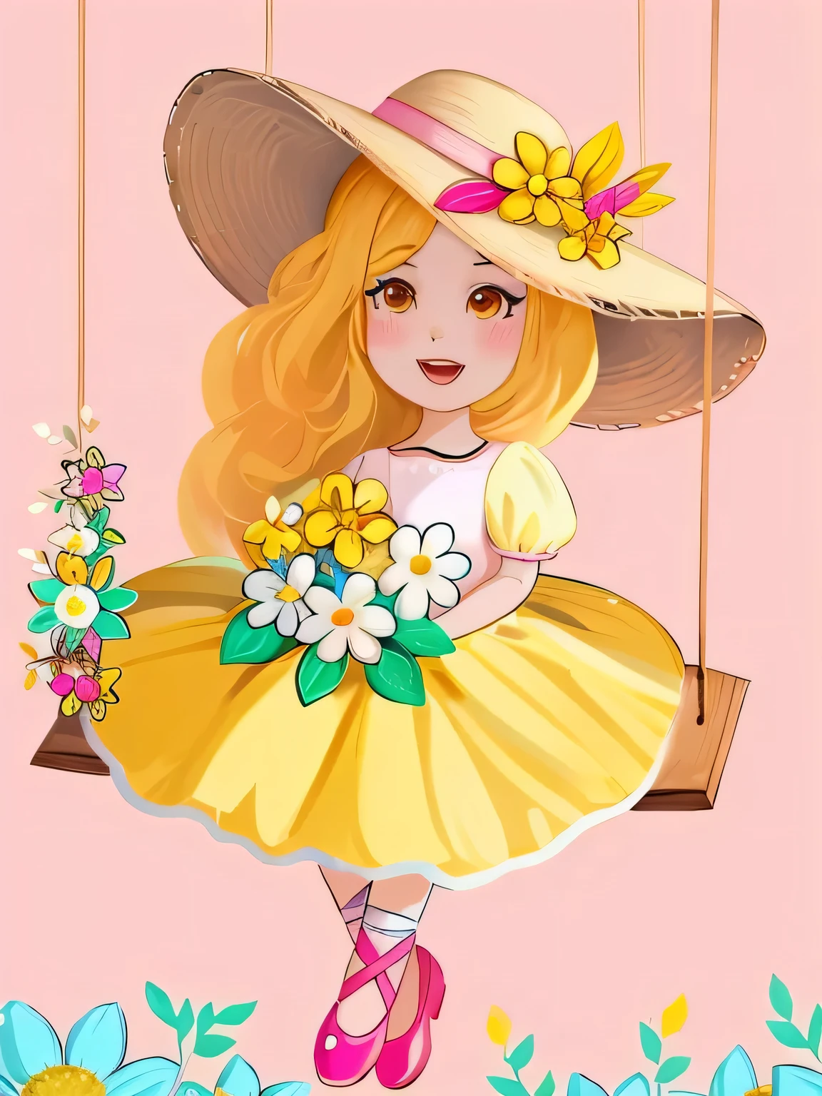 there is a girl in a yellow dress and a pink hat on a swing, ilustrado em estilo caprichoso, cartoon style illustration, vestida com um vestido florido, garota em flores, estilo de arte fofo, linda garota de anime de girassol, primavera, in digital illustration style, colorful digital illustration, por Maria Anjo, colorful illustration, com flores, em estilo cartoon