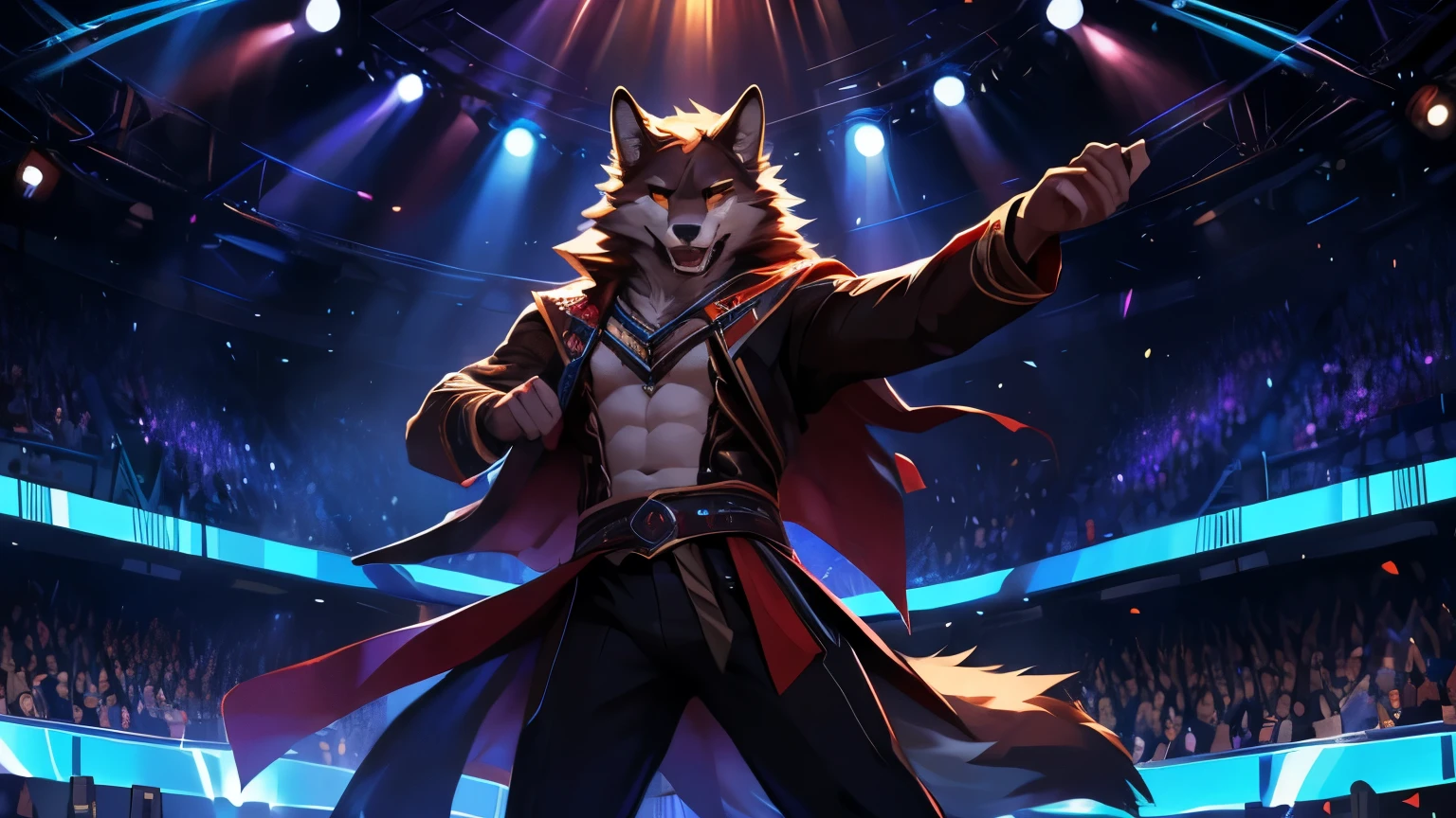 4k, high resolution, best quality, perfect colors, perfect shadows, perfect lighting, posted on e621, (by Chunie, by canyne khai, by t.y.starale), male, furry, Wolf anthro, orange eyes, (Realistic eye details 1.2), KPop wear, slim body, Long hair, onstage, Singing in front of an audience, vigorously, best performance, full of emotion, spotlights, hold the mic, Perfect centralization, delight, Standing position, Abstract beauty, centre, Looking at the audience, Facing the audience, soft lighting, highly detail, nearing perfection, Dynamic, highly detailed, Liso, sharp focus, 8K, A high resolution, illustration, fit body, perfect male figure, Detailed fur, Detailed face, Perfect face, Detailed background, (Complex), (Super Detail), (Ultra Clear), (Best Quality)