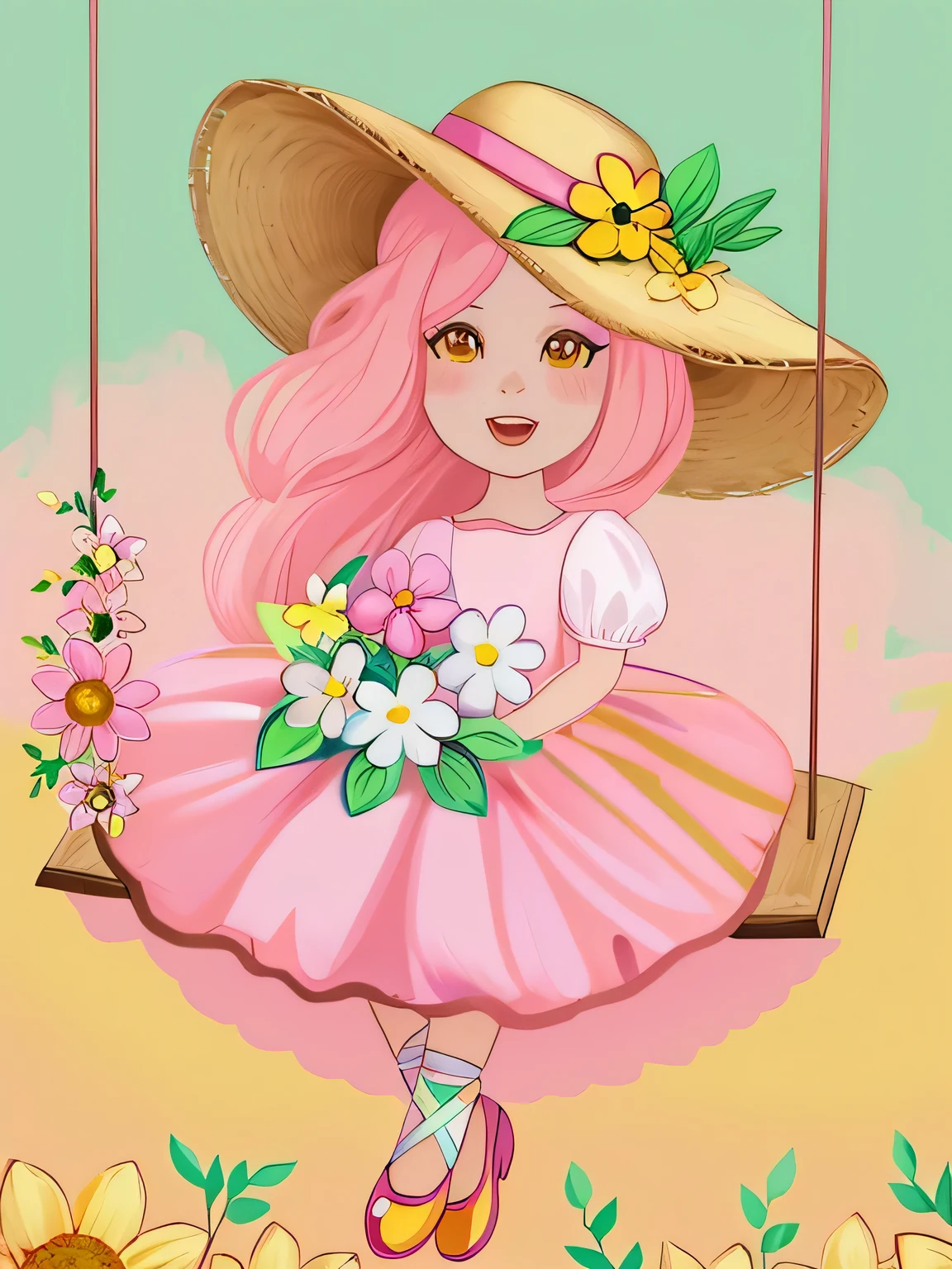 there is a girl in a yellow dress and a pink hat on a swing, ilustrado em estilo caprichoso, cartoon style illustration, vestida com um vestido florido, garota em flores, estilo de arte fofo, linda garota de anime de girassol, primavera, in digital illustration style, colorful digital illustration, por Maria Anjo, colorful illustration, com flores, em estilo cartoon