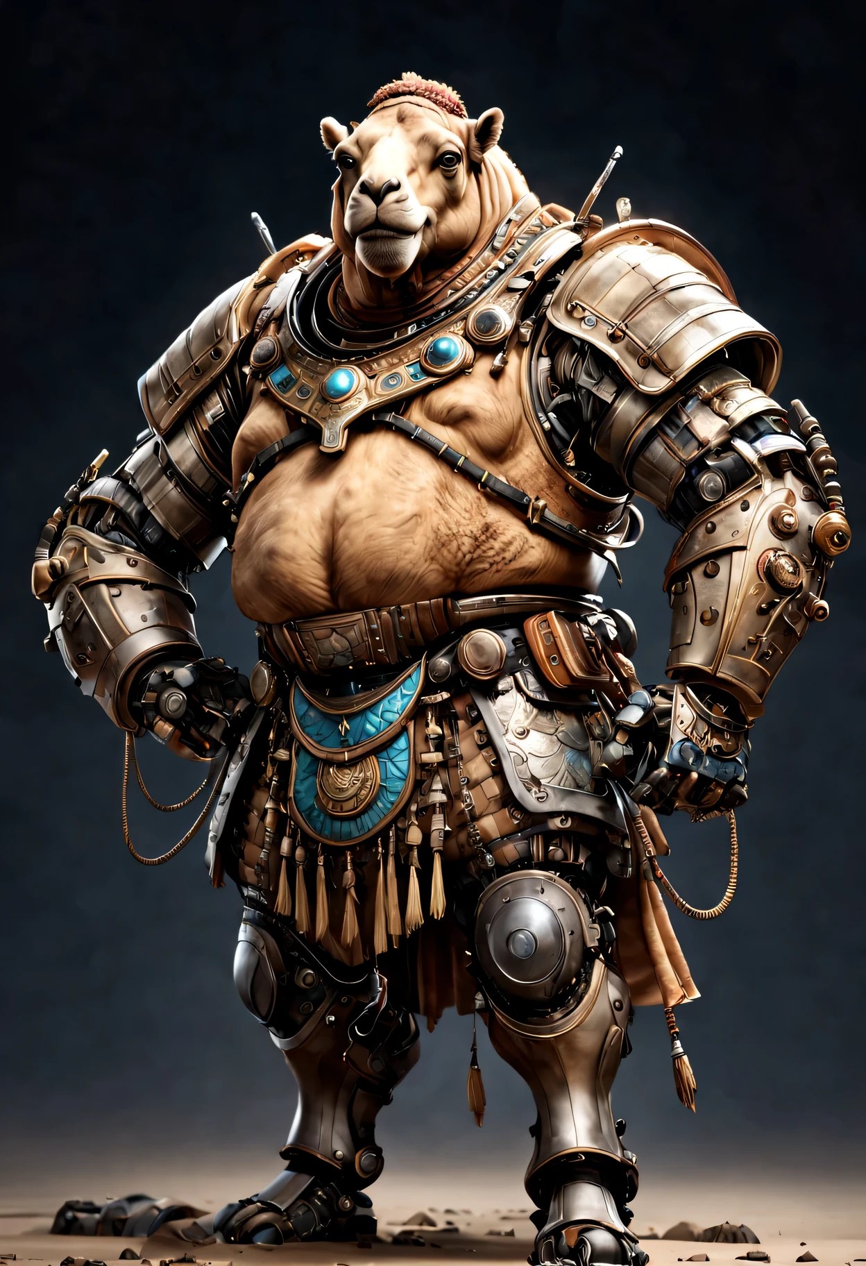 photorealistic portrait of Dressed animals - a ((fat)) camel  warrior,(brave pose), high quality,(lovely) ,intricate detailed giant mechanical arms, highly detailed ((mechanical armor) ,,highly detailed decorations, , (brave), studio lighting,(full body image from head to toe:1.5)
