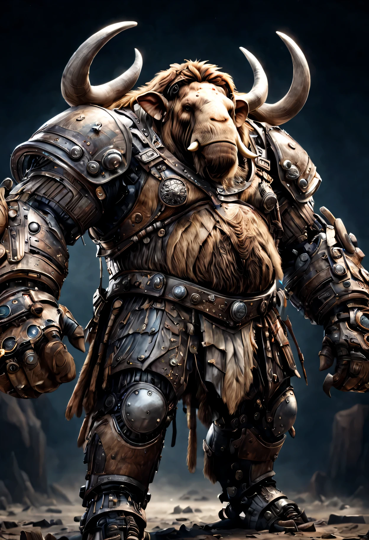 photorealistic portrait of Dressed animals - a ((fat)) mammoth warrior,(brave pose), high quality,(lovely) ,intricate detailed giant mechanical arms, highly detailed ((mechanical armor) ,,highly detailed decorations, , (brave), studio lighting,(full body image from head to toe:1.5)
