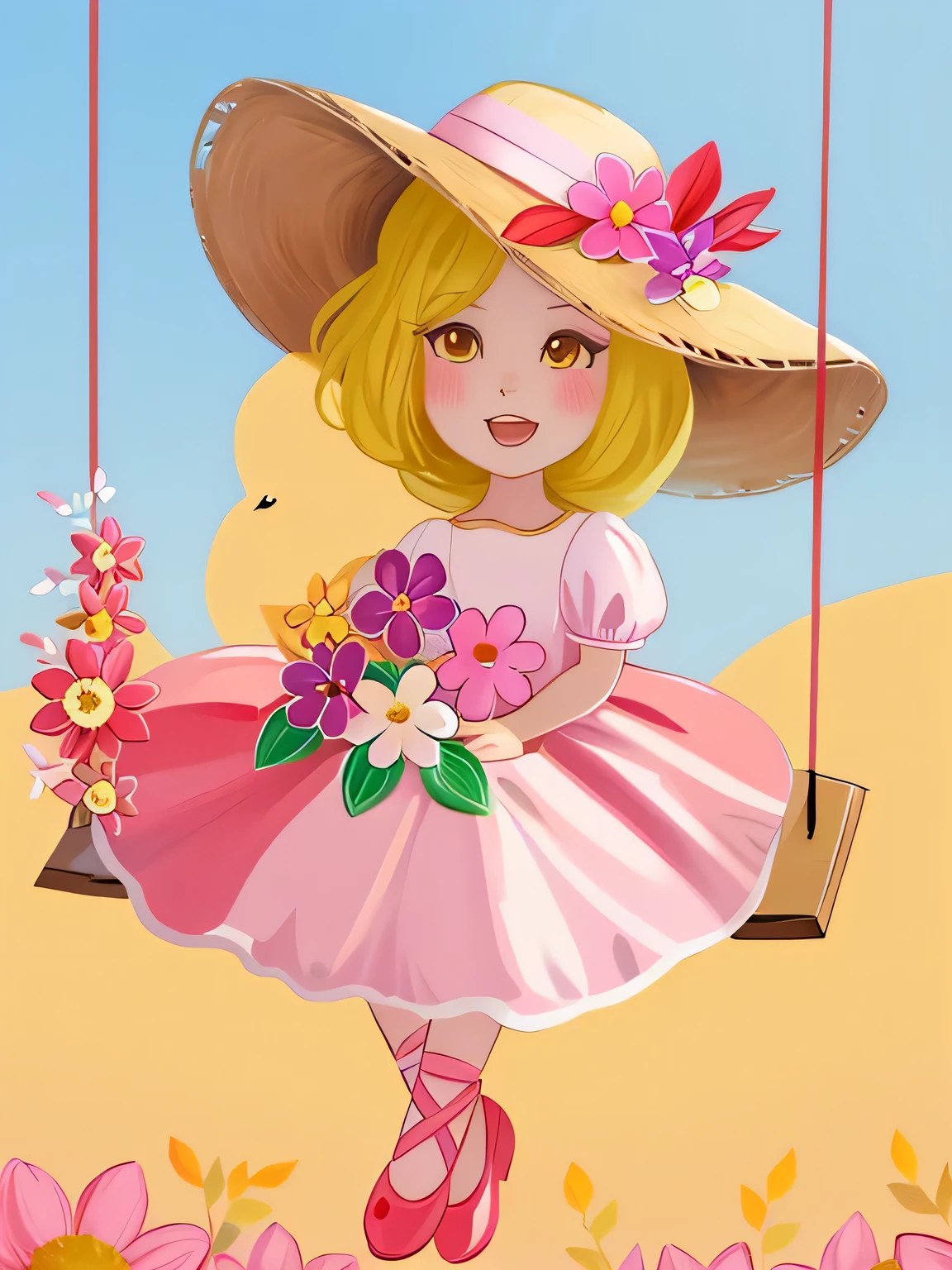 there is a girl in a yellow dress and a pink hat on a swing, ilustrado em estilo caprichoso, cartoon style illustration, vestida com um vestido florido, garota em flores, estilo de arte fofo, linda garota de anime de girassol, primavera, in digital illustration style, colorful digital illustration, por Maria Anjo, colorful illustration, com flores, em estilo cartoon