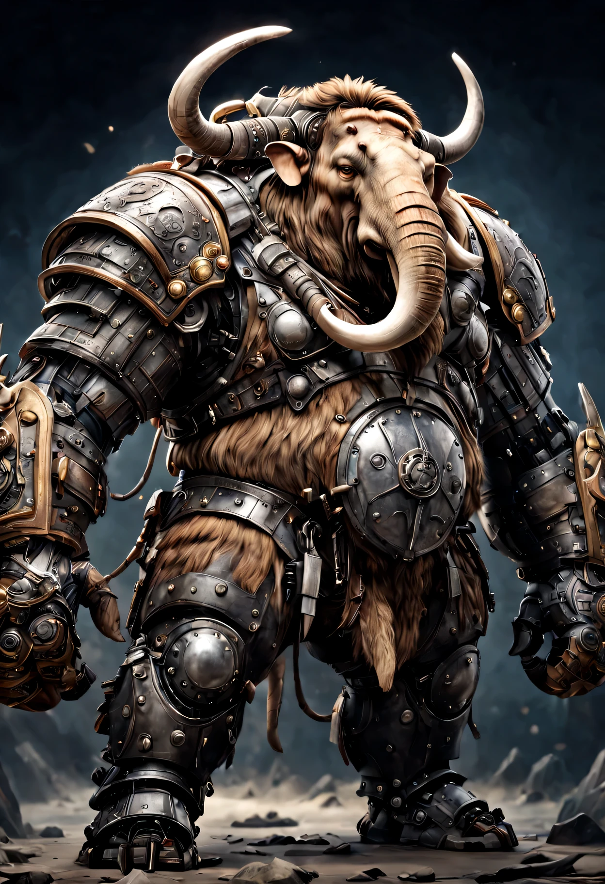 photorealistic portrait of Dressed animals - a ((fat)) mammoth warrior,(brave pose), high quality,(lovely) ,intricate detailed giant mechanical arms, highly detailed ((mechanical armor) ,,highly detailed decorations, , (brave), studio lighting,(full body image from head to toe:1.5)
