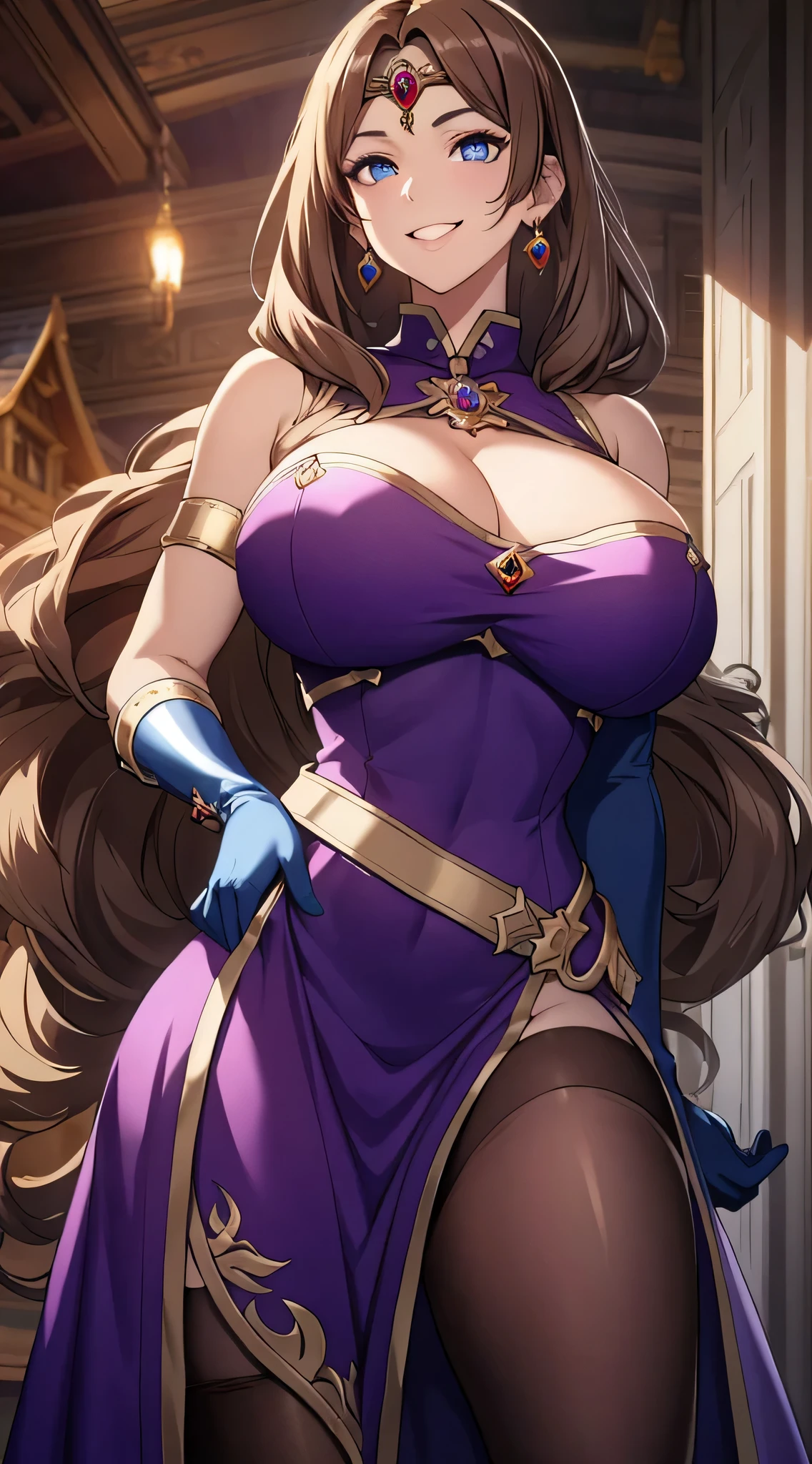 olga discordia, light brown hair, hair stick, bangs, blue eyes, solo, smiling, standing, upper body, hips, bare shoulders,purple thighhighs, violet dress, gold jewelry,armor,gloves,circlet, cleavage, red and gold royal castle, gigantic breasts, (best quality, masterpiece, beautiful and aesthetic:1.2, highest detailed face, perfect face,)  eyes, perfect face,expressive eyes,
looking at viewer, in the center of the image,(Upper_body),(Focus on her face),
official art,extremely detailed CG unity 8k wallpaper, perfect lighting,Colorful, 
(masterpiece:1.0),(best_quality:1.0), ultra high res,4K,ultra-detailed
