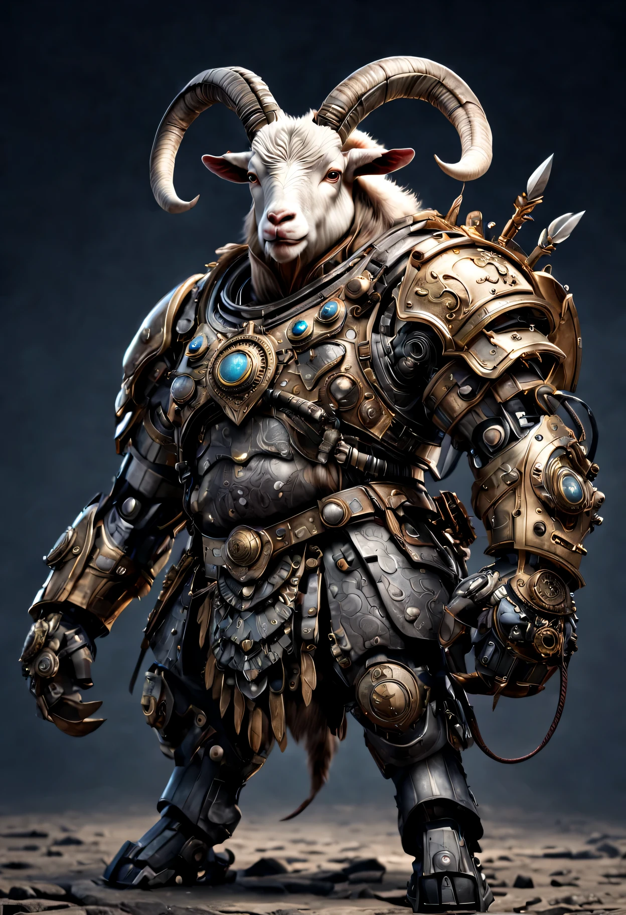 photorealistic portrait of Dressed animals - a ((fat)) goat warrior,(brave pose), high quality,(lovely) ,intricate detailed giant mechanical arms, highly detailed ((mechanical armor) ,,highly detailed decorations, , (brave), studio lighting,(full body image from head to toe:1.5)
