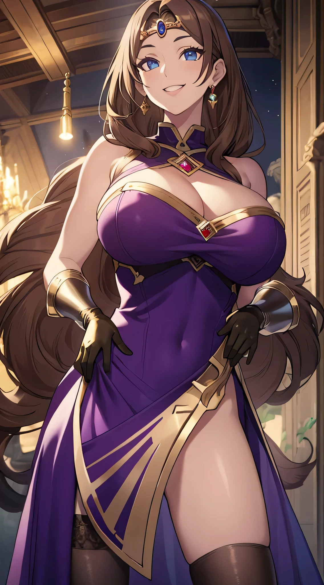 olga discordia, light brown hair, hair stick, bangs, blue eyes, solo, smiling, standing, upper body, hips, bare shoulders,purple thighhighs, violet dress, gold jewelry,armor,gloves,circlet, cleavage, red and gold royal castle, gigantic breasts, (best quality, masterpiece, beautiful and aesthetic:1.2, highest detailed face, perfect face,) eyes, perfect face,expressive eyes,
looking at viewer, in the center of the image,(Upper_body),(Focus on her face),
official art,extremely detailed CG unity 8k wallpaper, perfect lighting,Colorful,
(masterpiece:1.0),(best_quality:1.0), ultra high res,4K,ultra-detailed
