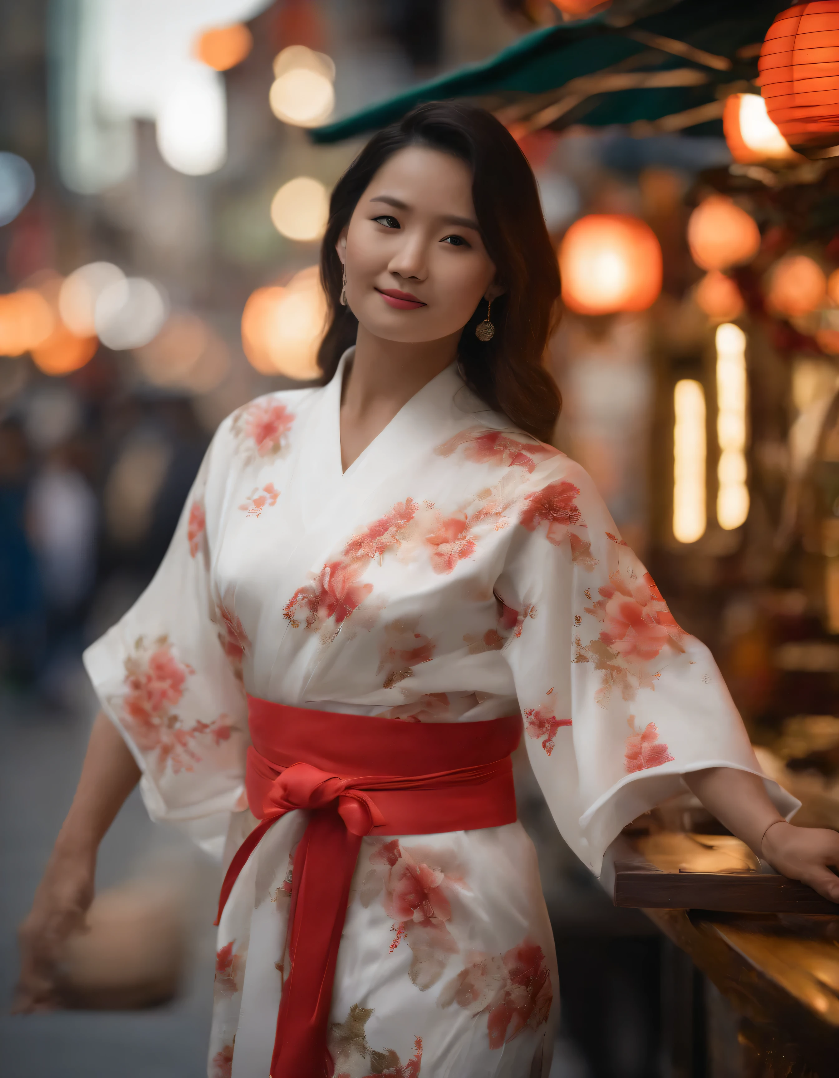 (masterpiece: 1.5), ((highest image quality: 1.25), (high resolution: 1.3), (high definition CGUnity 8k Wallpapers: 1.1), solo, A beautiful woman in a white kimono adorned with a stunning floral pattern is the central focus. She wears a red belt that accentuates her slender waist. The scene is set outdoors, with the vibrant and bustling area of Dotonbori serving