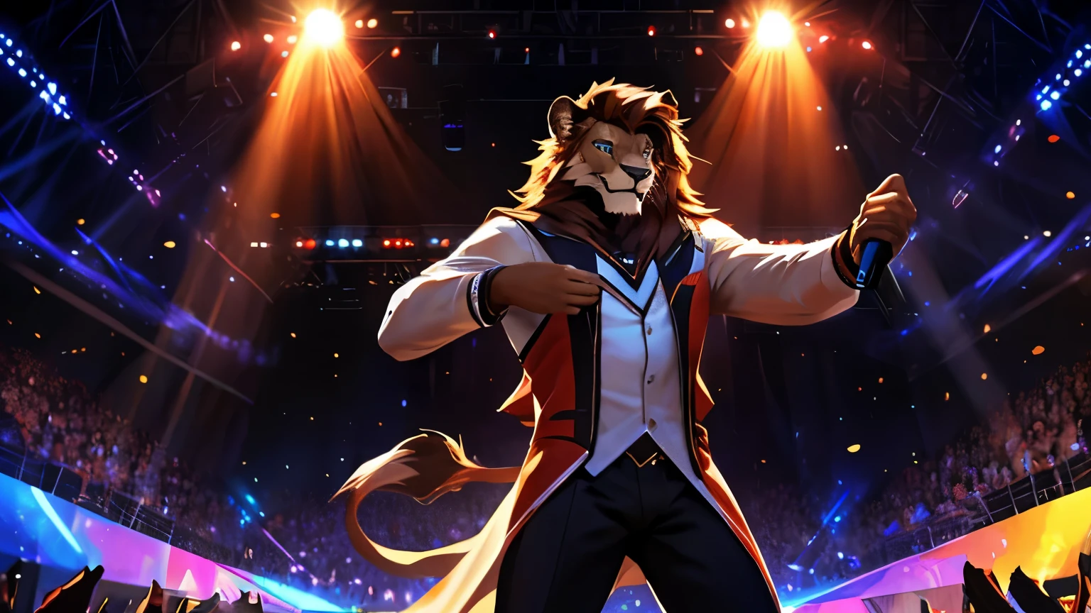 4k, high resolution, best quality, perfect colors, perfect shadows, perfect lighting, posted on e621, (by Chunie, by canyne khai, by t.y.starale), male, furry, Lion anthro, Blue eyes, (Realistic eye details 1.2), KPop wear, slim body, Long hair, onstage, Singing in front of an audience, vigorously, spotlights, hold the mic, Perfect centralization, delight, Standing position, Abstract beauty, centre, Looking at the audience, Facing the audience, soft lighting, highly detail, nearing perfection, Dynamic, highly detailed, Liso, sharp focus, 8K, A high resolution, illustration, fit body, perfect male figure, Detailed fur, Detailed face, Perfect face, Detailed background, (Complex), (Super Detail), (Ultra Clear), (Best Quality)