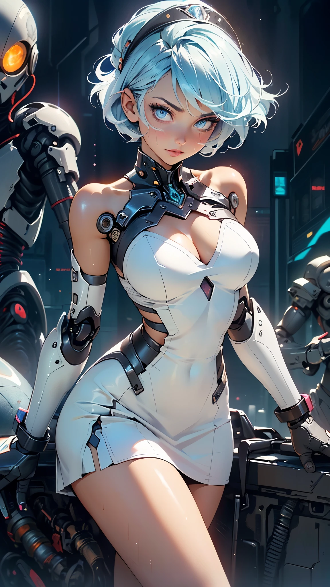 (cyborg girl),(cyborg girl:1.5),maid android,((1girl)),((mechanical robot girl with extremely cute and beautiful pale blue hair)),
(large breasts:1.4),saggy breasts,(((pale blue bob hair:1.35,colored inner hair,short hair,ear breathing))),(((doll))),((pale white skin,doll joints:1.5,mechanical hands:1.5)),((silver armored dress,tesla coilaid mechanical doll:1.5,body of a machine:1.5,metallic skin,ball joint,cyborg:1.5, robotic parts:1.5,robot:1.5,mechanical joints: 1.4,mechanical limbs)),(((pale_blue_eyes:1.3))),intricate eyes,beautiful detailed eyes,symmetrical eyes,((fat)),(((lustrous skin:1.5,bright skin: 1.5,shiny skin,very shiny skin,shiny body,plastic glitter skin,exaggerated shiny skin,illuminated skin,wet legs))),(spider lower abdomen,narrow waist,wide hip,detailed body,(detailed face)),
cute,slutty,seductive,erotic,((nsfw)),
(maid headdress),bare_shoulders,delicate metal decorations,Headdresaid),sleeveless,miniskirt,boots,cleavage_cutout,bare_legs,((wet clothes,intricate outfit,intricate clothes,intricate details)),
(dynamic pose:1.0),embarrassed,(centered,scale to fit dimensions,Rule of thirds),
cyberpunk city by the ocean at night, with bright neon signs and dark stormy clouds and puddles, scenery:1.25,nighttime, starry night, cosmos,Very dark night that makes the neon lights stand out, very bright neon lights,nighttime, starry night, cosmos,,
artistic photography,(photography taken by sldr),highres, sharp focus,(ultra detailed, extremely detailed), (photorealistic artwork:1.37),(extremely detailed CG unity 8k wallpaper),((synthwave background theme)),(((vibrant colors))),intricate,(intricate background),(masterpiece),(best quality),perfect rendered face,perfect face details,realistic face,photo realistic,analog style,((intricate detail)),(((realism))),