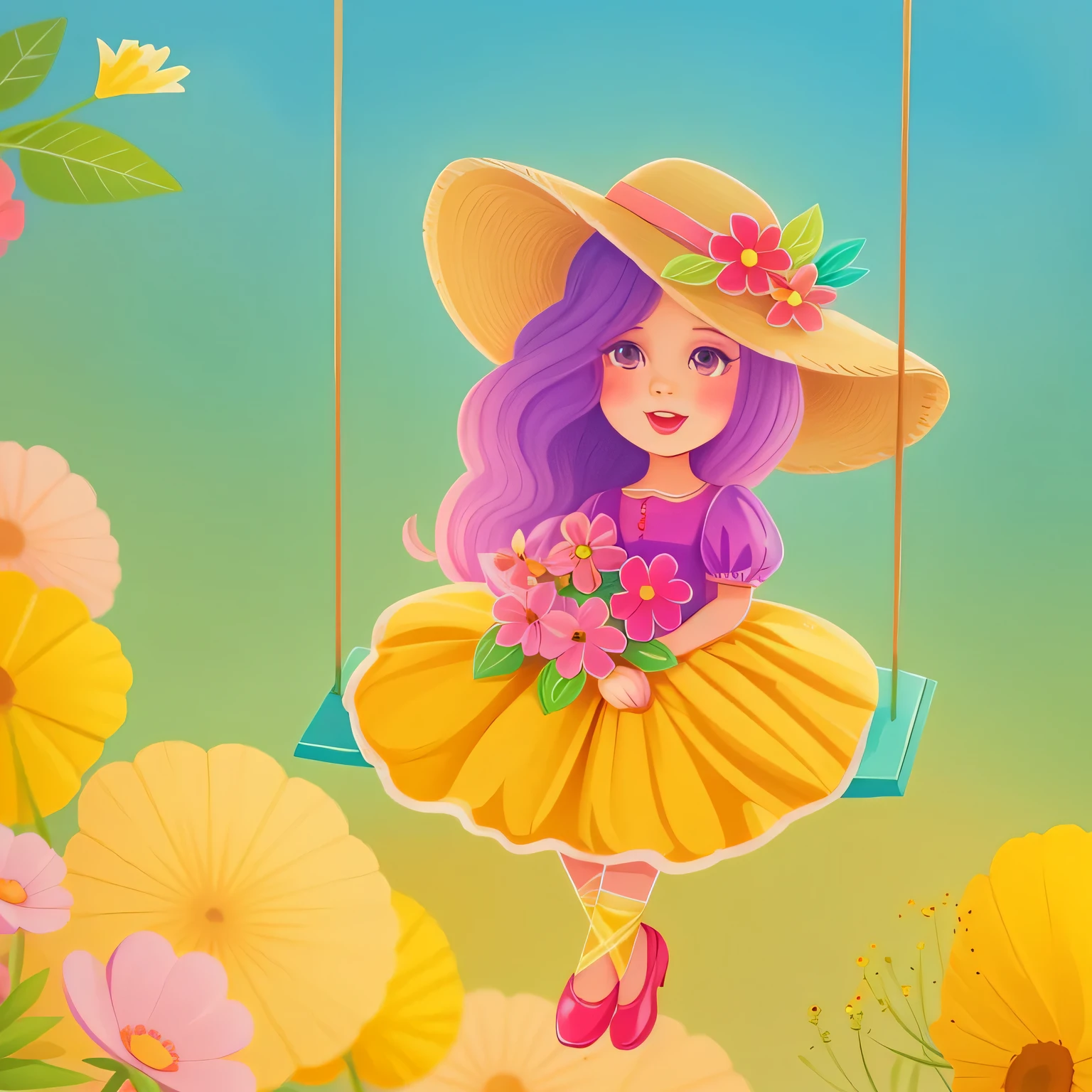 there's a girl in a yellow dress and pink hat on a swing, ilustrado em estilo caprichoso, mulher fofa, cartoon style illustration, cute illustration, cute garota, hand painted cartoon art style, estilo de arte fofo, garota, colorful illustration, exciting illustration, elegant garota, feito com ilustrador, cute illustration de livro de histórias, arte digital fofa, colorful illustration